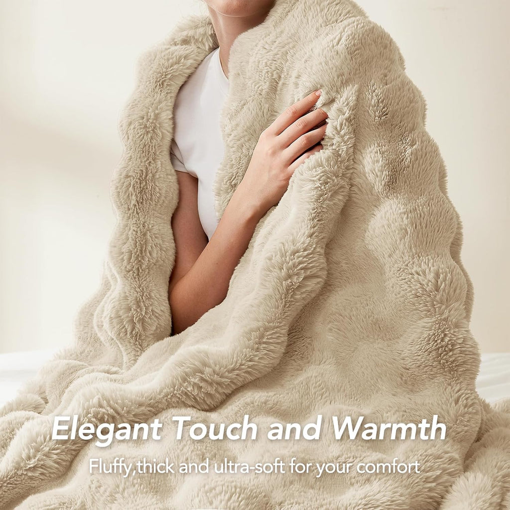 Faux Rabbit Fur Throw Blanket for Couch, 50'' X 60'' Almond White | Soft Cozy Bubble Fluffy Blanket for Sofa Bed, Thick Warm Plush Fuzzy Throw for Room Home Decor, Luxury Gift for Women Mom