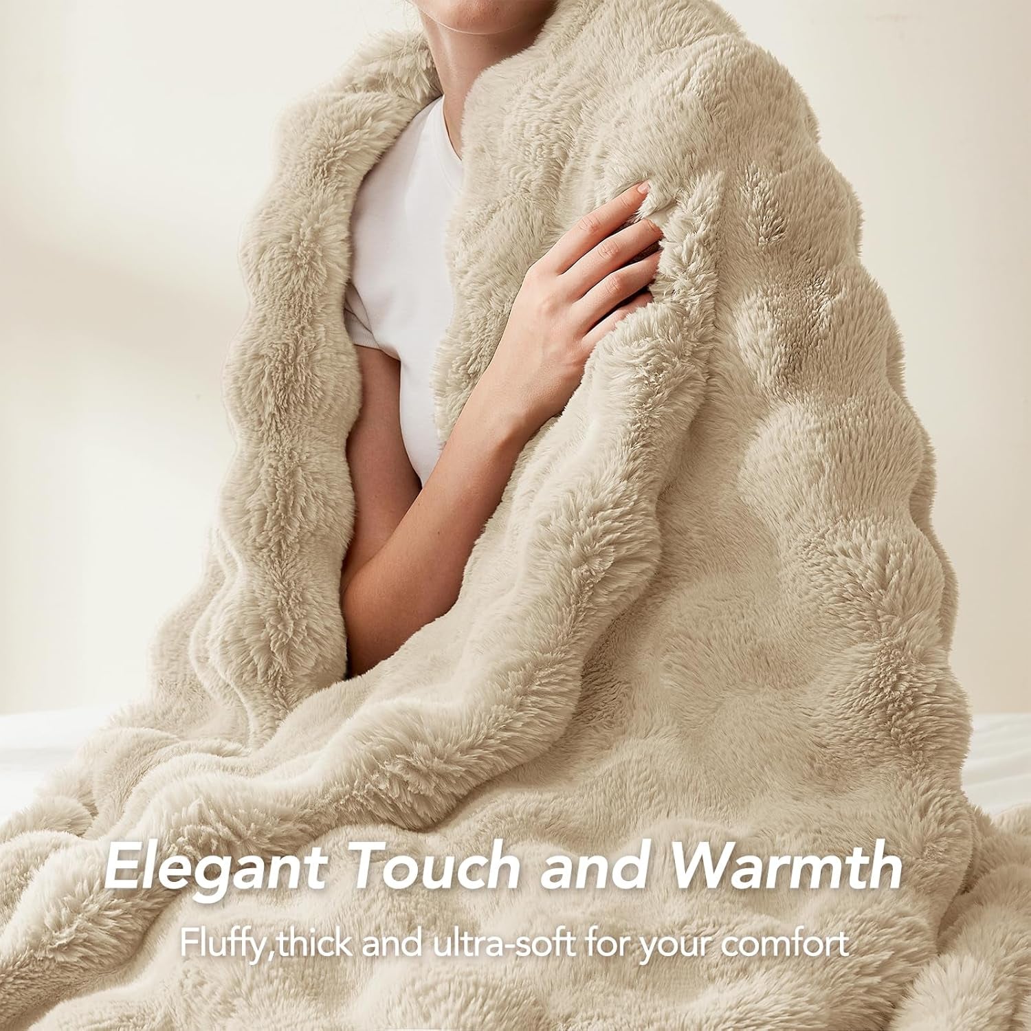 Faux Rabbit Fur Throw Blanket for Couch, 50'' X 60'' Almond White | Soft Cozy Bubble Fluffy Blanket for Sofa Bed, Thick Warm Plush Fuzzy Throw for Room Home Decor, Luxury Gift for Women Mom