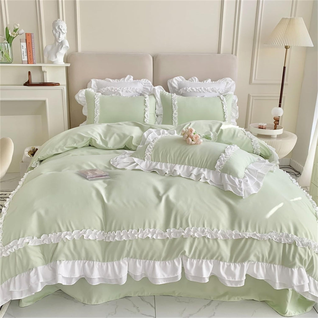 Girls Lace Bedding Full Comforter Cover Set Chic Ruffled Duvet Cover with 2 Layers RufflePrincess Style 1 Duvet Cover with 2 Pillowcases No Comforter-GreenFull