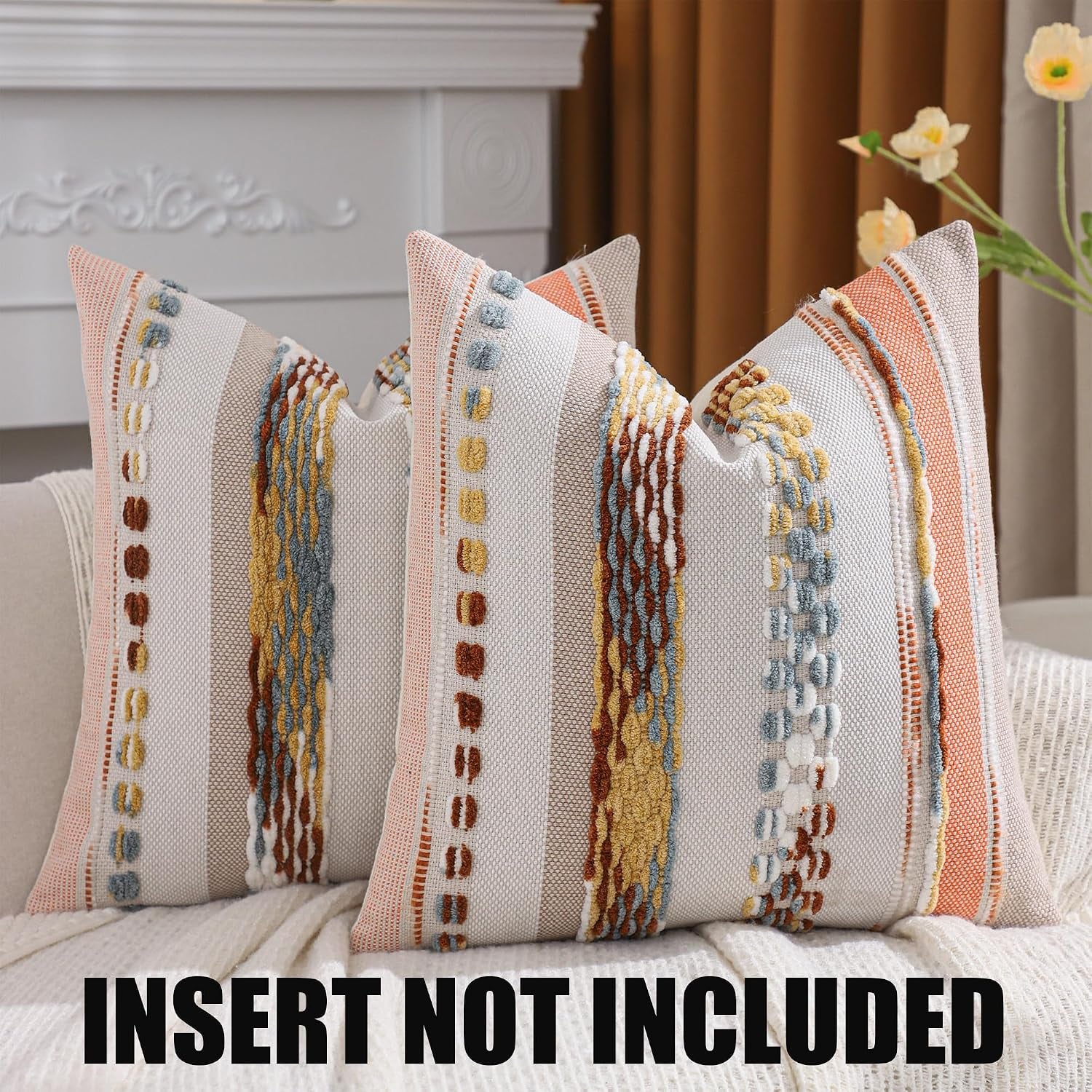 Boho Tufted Throw Pillow Covers 18X18 Set of 2 Stripe Decorative Pillow Cases Accent Chenille Pillowcases Farmhouse Cushion Case Nuetral Textured Pillow Cover Fall Autumn Home Decor,Orange