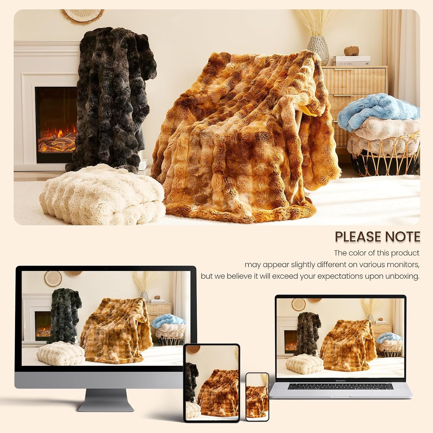 Faux Rabbit Fur Throw Blanket for Couch, 50'' X 60'' Almond White | Soft Cozy Bubble Fluffy Blanket for Sofa Bed, Thick Warm Plush Fuzzy Throw for Room Home Decor, Luxury Gift for Women Mom