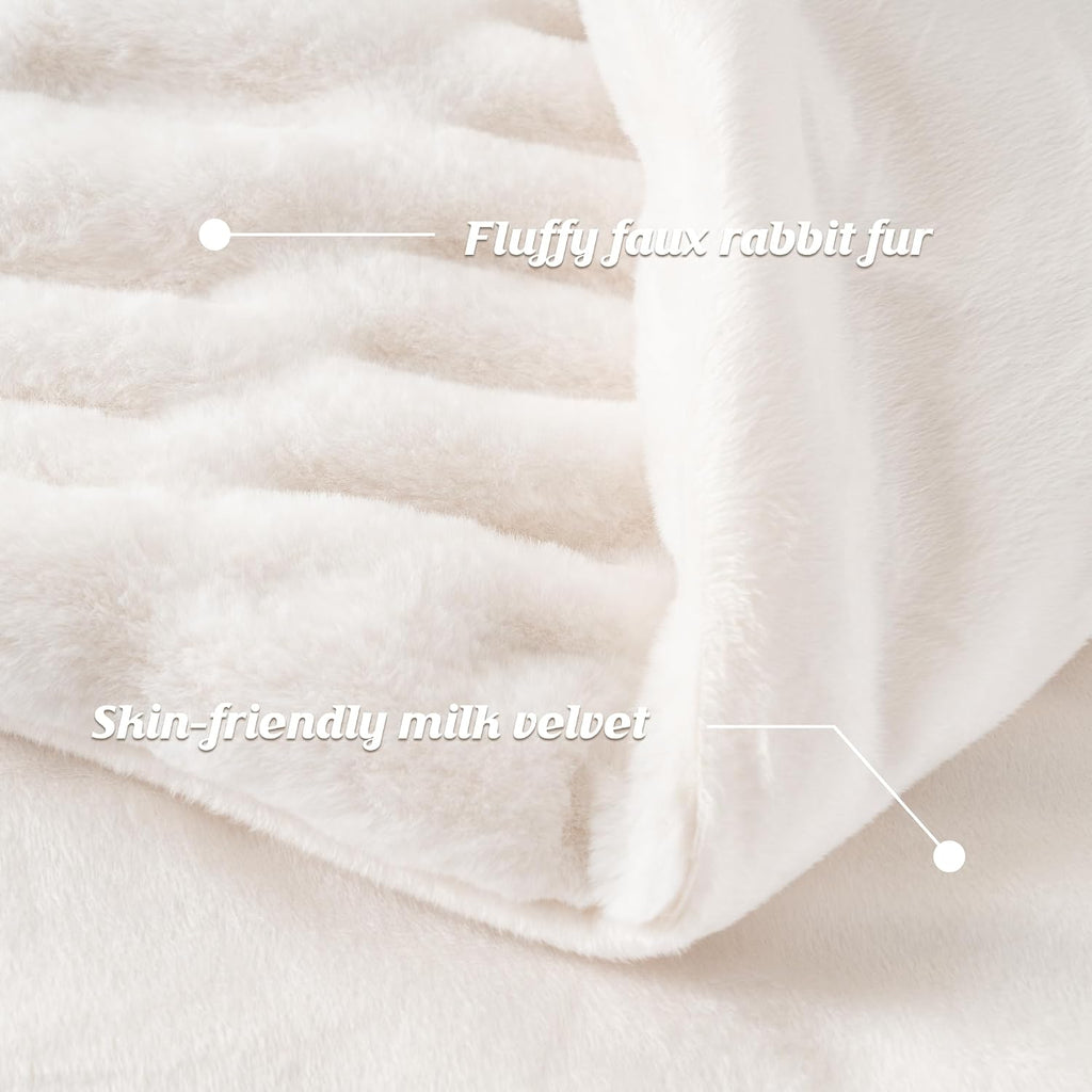 Battilo White Faux Rabbit Fur Throw Blanket, Luxury Plush Ruched Cream Fur Blanket for Sofa Couch, Thick Warm Fluffy Mink Blanket for Bed Chair Sofa 50"X60"(Cream)