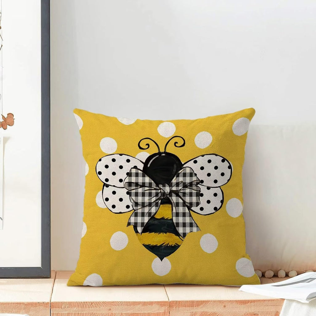 Yellow Bee Pillow Covers 16X16 Set of 2 Polka Dots Outdoor Decorative Throw Pillow Covers Summer Farmhouse Seasonal Linen Cushion Case for Home Sofa Couch Outdoor Decor