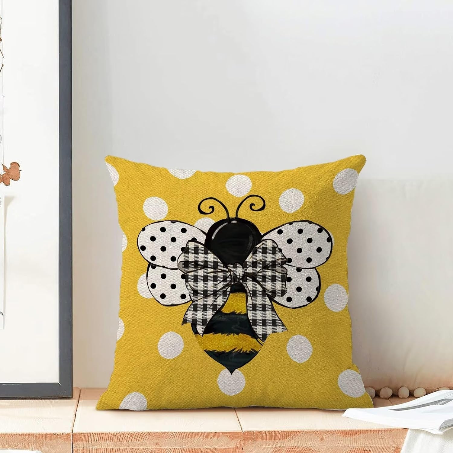 Yellow Bee Pillow Covers 16X16 Set of 2 Polka Dots Outdoor Decorative Throw Pillow Covers Summer Farmhouse Seasonal Linen Cushion Case for Home Sofa Couch Outdoor Decor