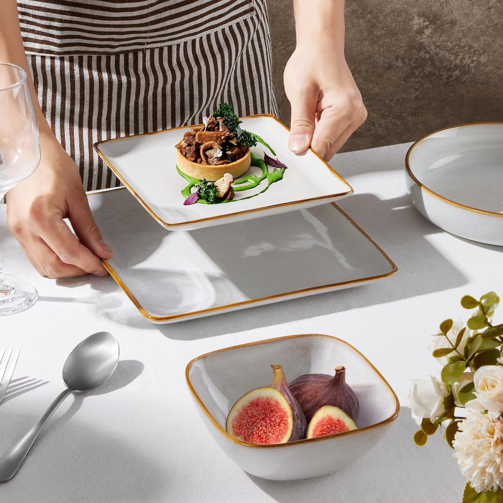Square Plates and Bowls Sets, 12-Piece Stoneware Dinnerware Sets for 4, Reactive Glaze Dish Set, Chip and Scratch Resistant, Microwave and Dishwasher Safe, Seashell White