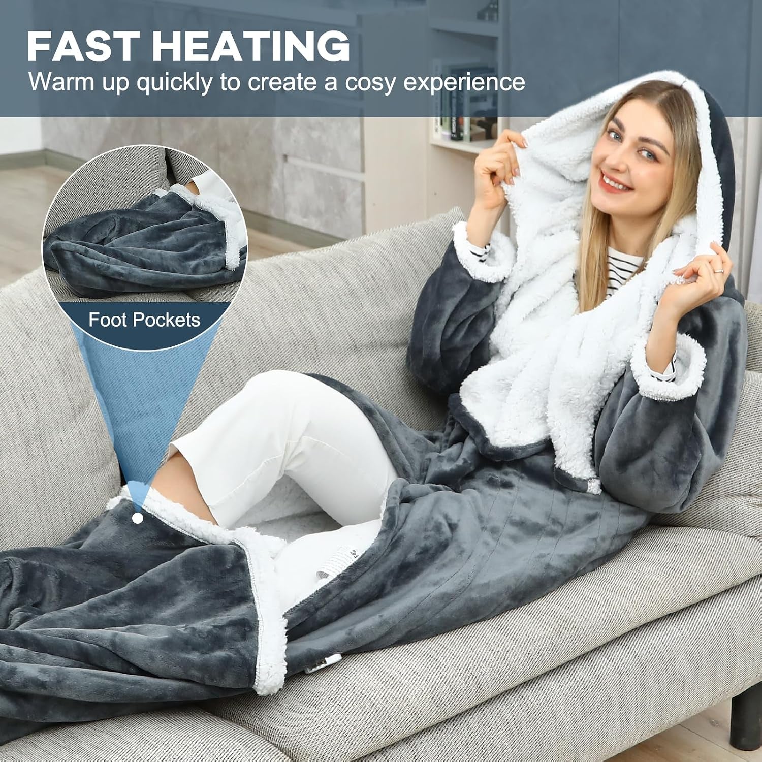 Wearable Electric Blankets, Heated Snuggle Blanket, 70"*50" Flannel Sherpa Electric Heating Throw Blanket with Hood, Sleeves, Foot Pocket, 10 Heating 3 Timer Settings for Women Men