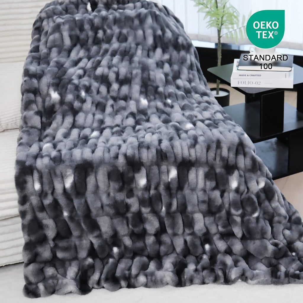 Double Sided Ruched Faux Rabbit Fur Throw Blanket for Couch, Ultra Soft Fluffy Mink Blanket, Plush Cozy Home Decor Throw Gifts for Women & Men, 50"X60", Tiedyedarkgrey