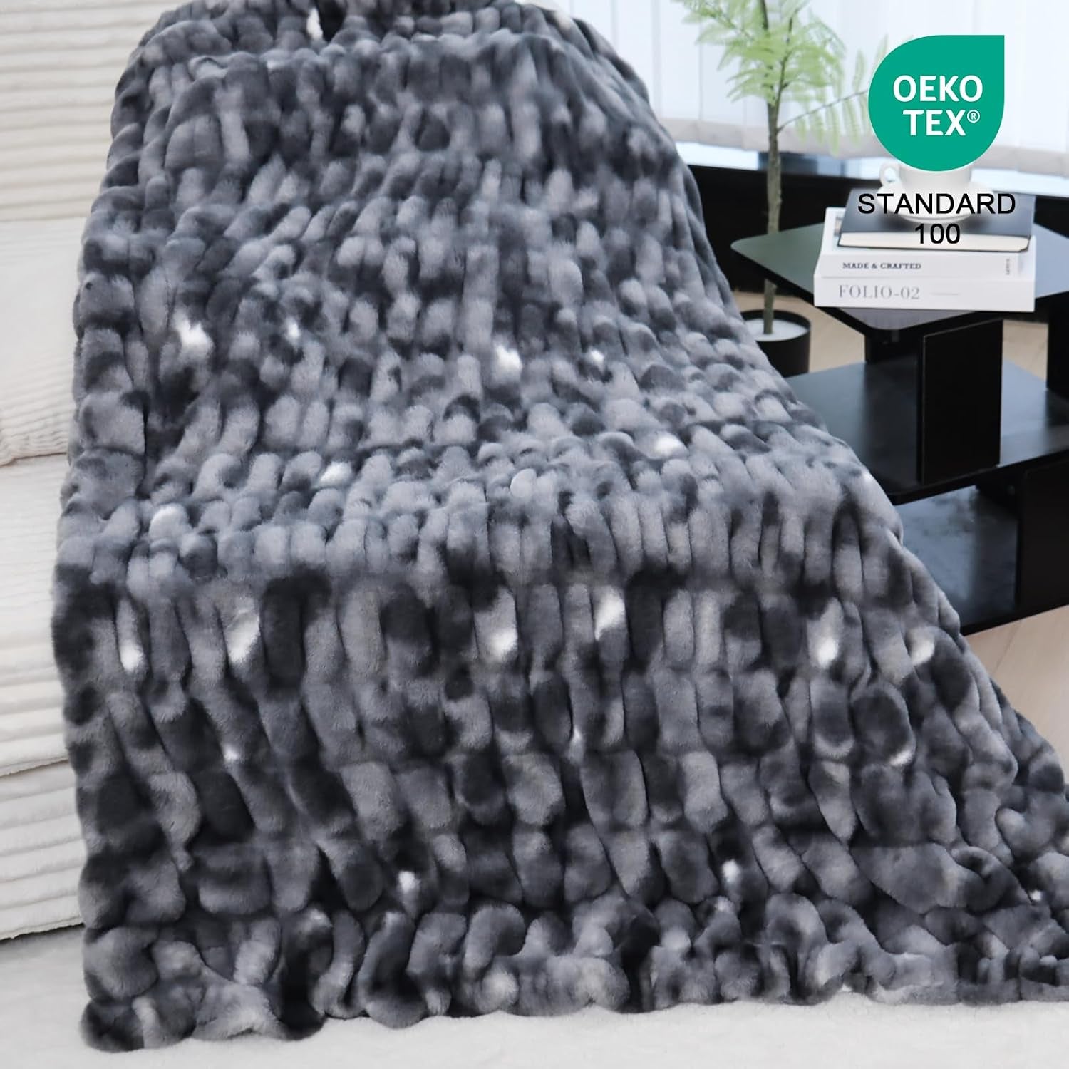 Double Sided Ruched Faux Rabbit Fur Throw Blanket for Couch, Ultra Soft Fluffy Mink Blanket, Plush Cozy Home Decor Throw Gifts for Women & Men, 50"X60", Tiedyedarkgrey