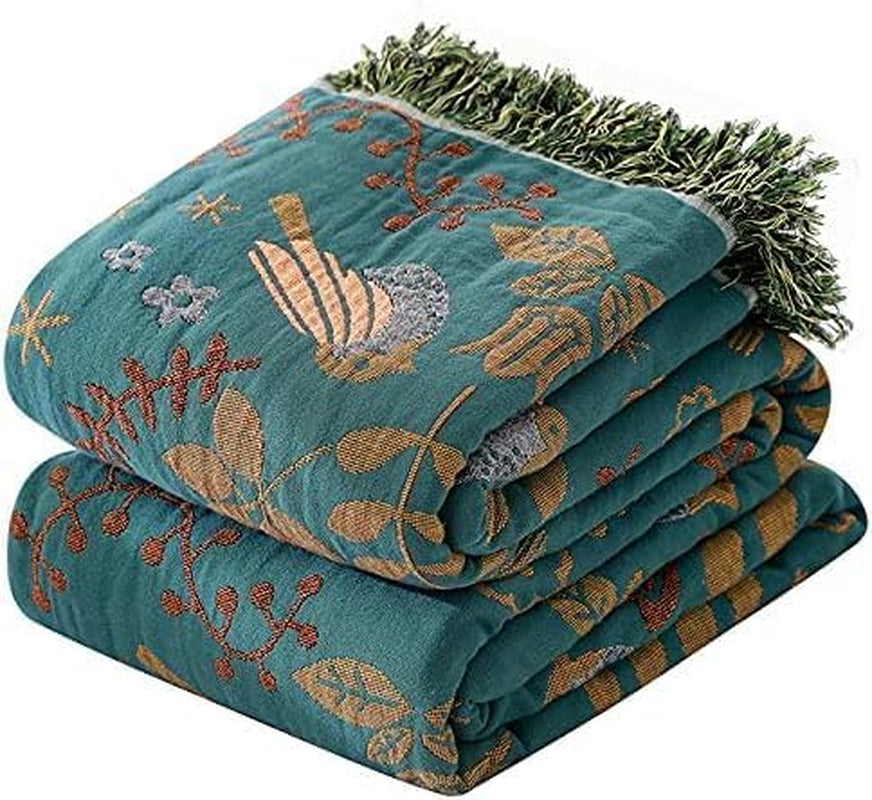 100% Cotton Boho Throw Blanket for Couch 4-Layer Gauze Ultra Soft Breathable Rustic Quilt 50" X 60" Birds and Floral Muslin Summer Blanket for Sofa Chair Bed Home Decor,Teal