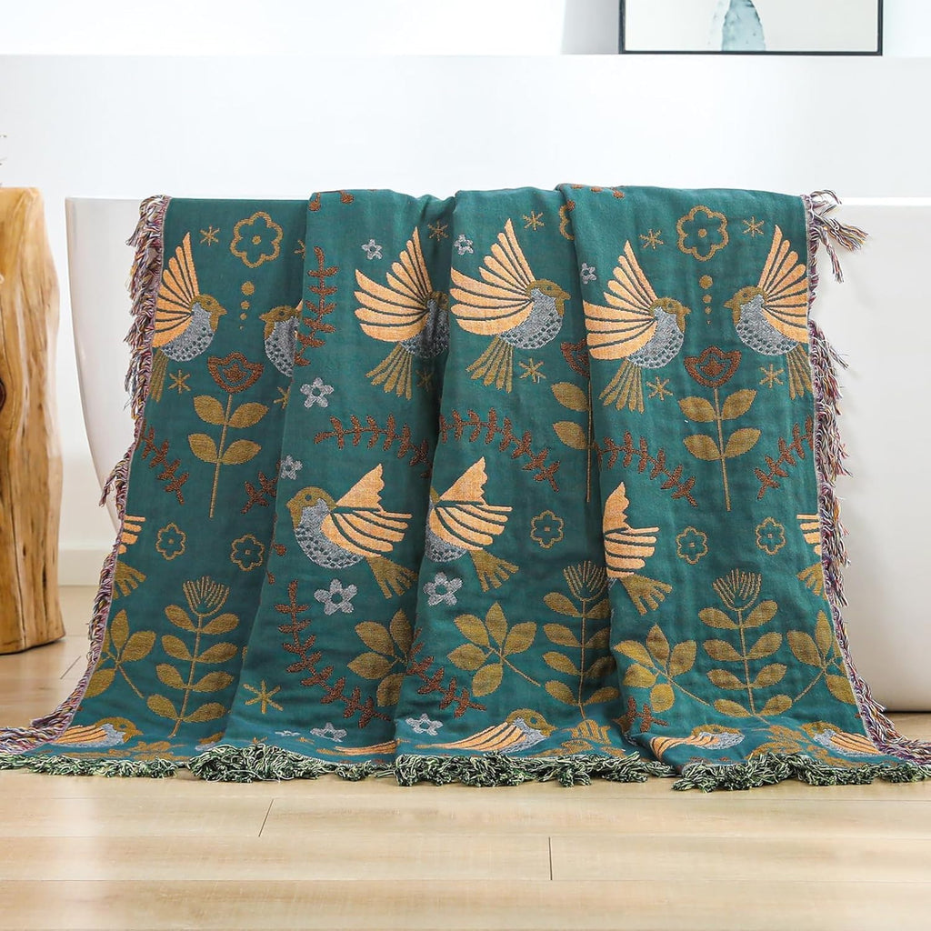 100% Cotton Boho Throw Blanket for Couch 4-Layer Gauze Ultra Soft Breathable Rustic Quilt 50" X 60" Birds and Floral Muslin Summer Blanket for Sofa Chair Bed Home Decor,Teal