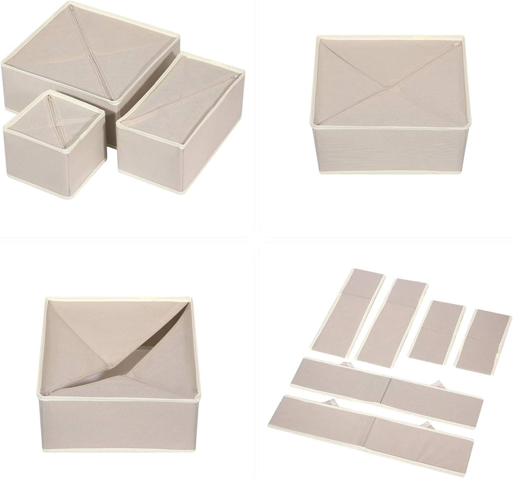 12 Pack Foldable Cloth Storage Box Closet Dresser Drawer Organizer Fabric Baskets Bins Containers Divider for Clothes Underwear Bras Socks Lingerie Clothing, Beige 444