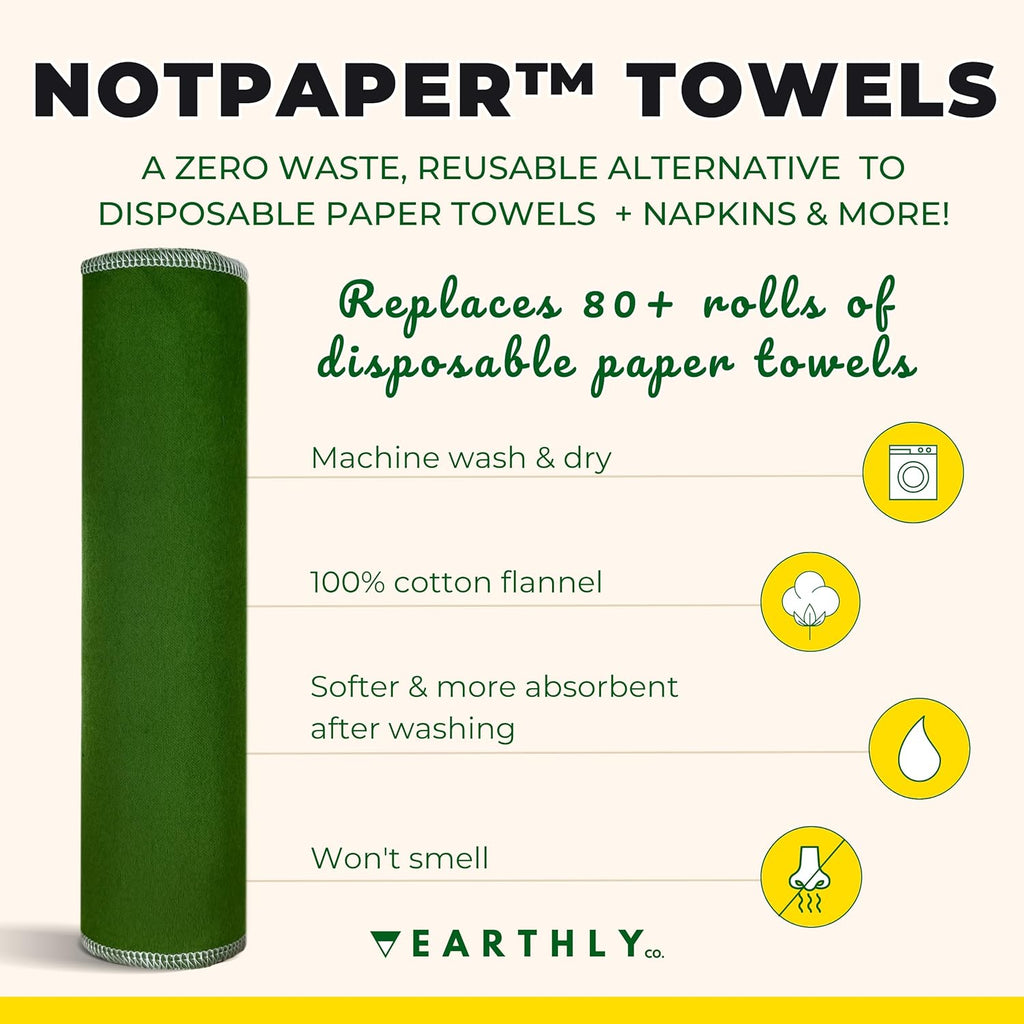 Reusable Paper Towels - 10 Pack - Roll of Washable Cotton Cloth Paper Towels - Paperless Reusable Napkins Cloth Washable - Absorbent + Long Lasting - Zero Waste Products - (Green)