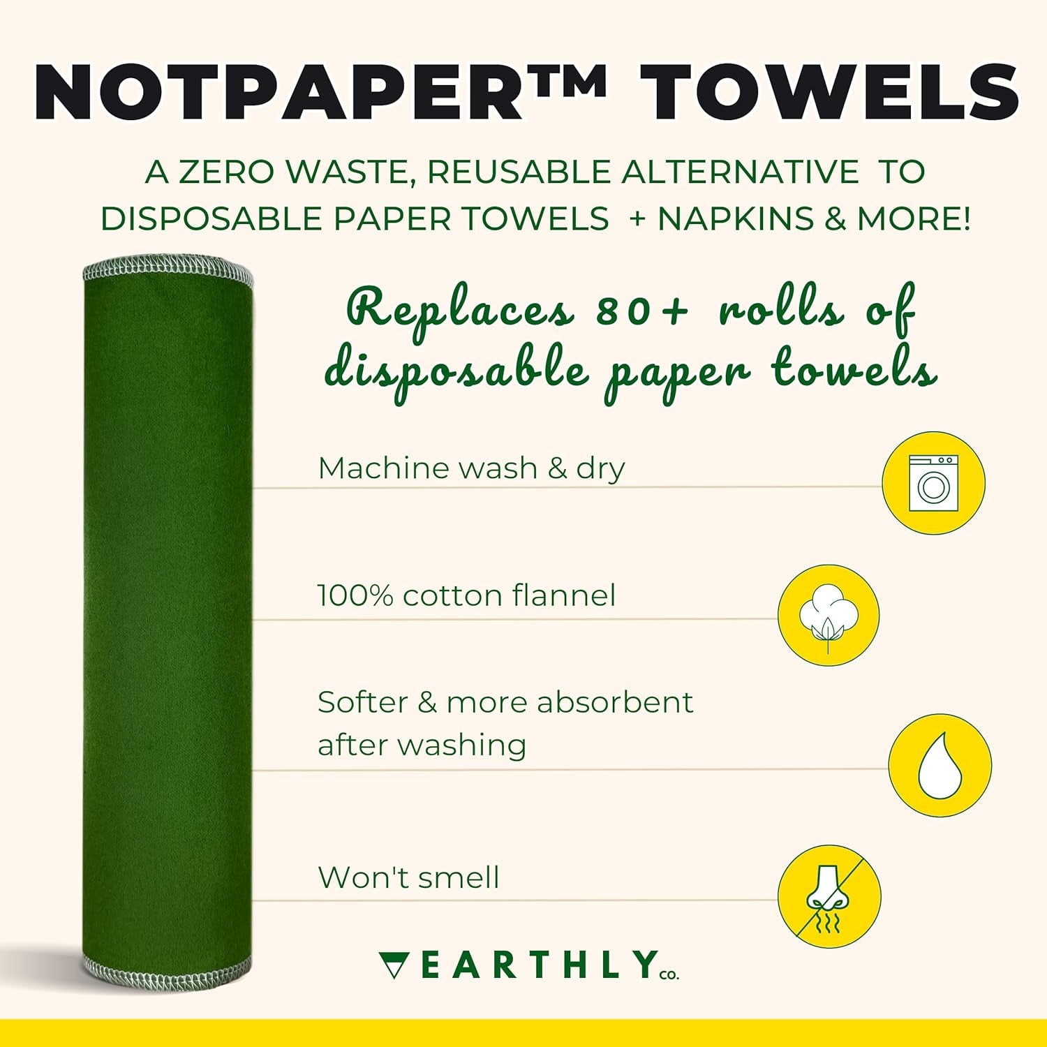 Reusable Paper Towels - 10 Pack - Roll of Washable Cotton Cloth Paper Towels - Paperless Reusable Napkins Cloth Washable - Absorbent + Long Lasting - Zero Waste Products - (Green)