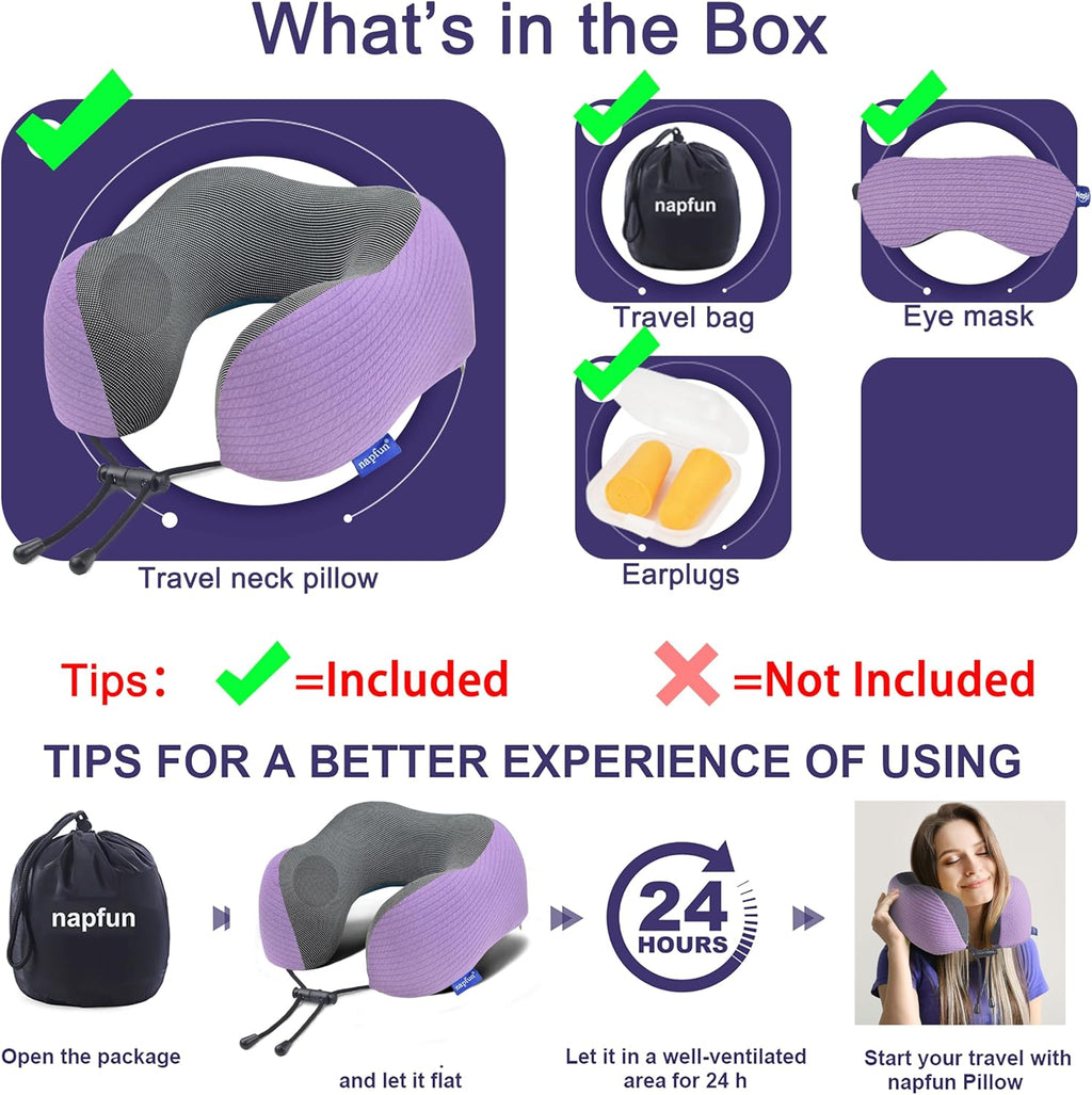 Neck Pillow for Travel with Travel Pouch, Sleep Mask & Earplugs, Memory Foam Airplane Pillow for Headrest Sleep with Eyeshades, Plane Essentials with Eye Blindfold, Light Purple Striped Kit