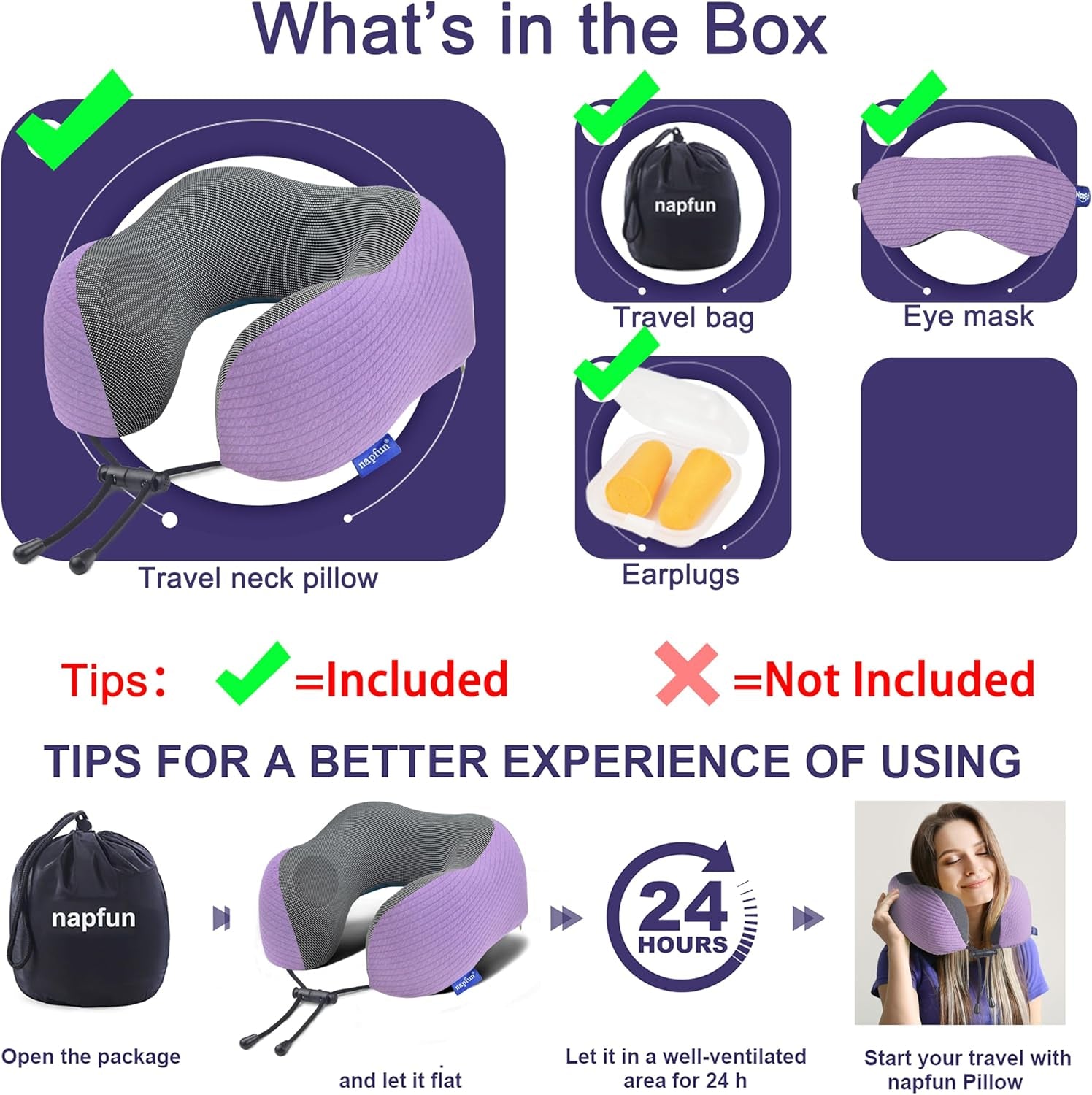 Neck Pillow for Travel with Travel Pouch, Sleep Mask & Earplugs, Memory Foam Airplane Pillow for Headrest Sleep with Eyeshades, Plane Essentials with Eye Blindfold, Light Purple Striped Kit