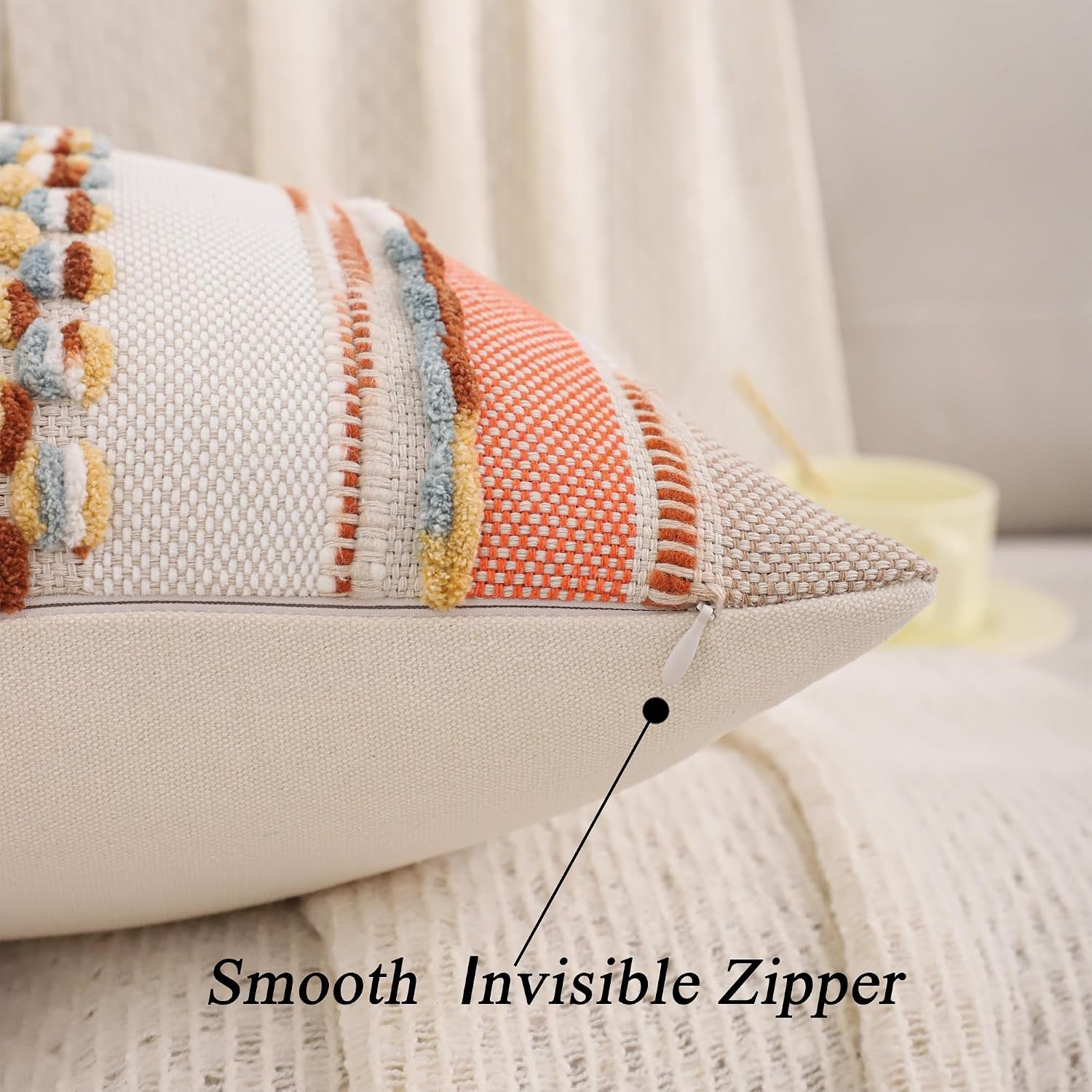 Boho Tufted Throw Pillow Covers 18X18 Set of 2 Stripe Decorative Pillow Cases Accent Chenille Pillowcases Farmhouse Cushion Case Nuetral Textured Pillow Cover Fall Autumn Home Decor,Orange