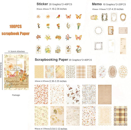 100Pcs Vintage Floral Scrapbook Paper Journaling Stickers Assorted Set, Material Paper Memo Junk Journal Supplies for Bullet Journaling Retro Crafts Planner Collage Card Album