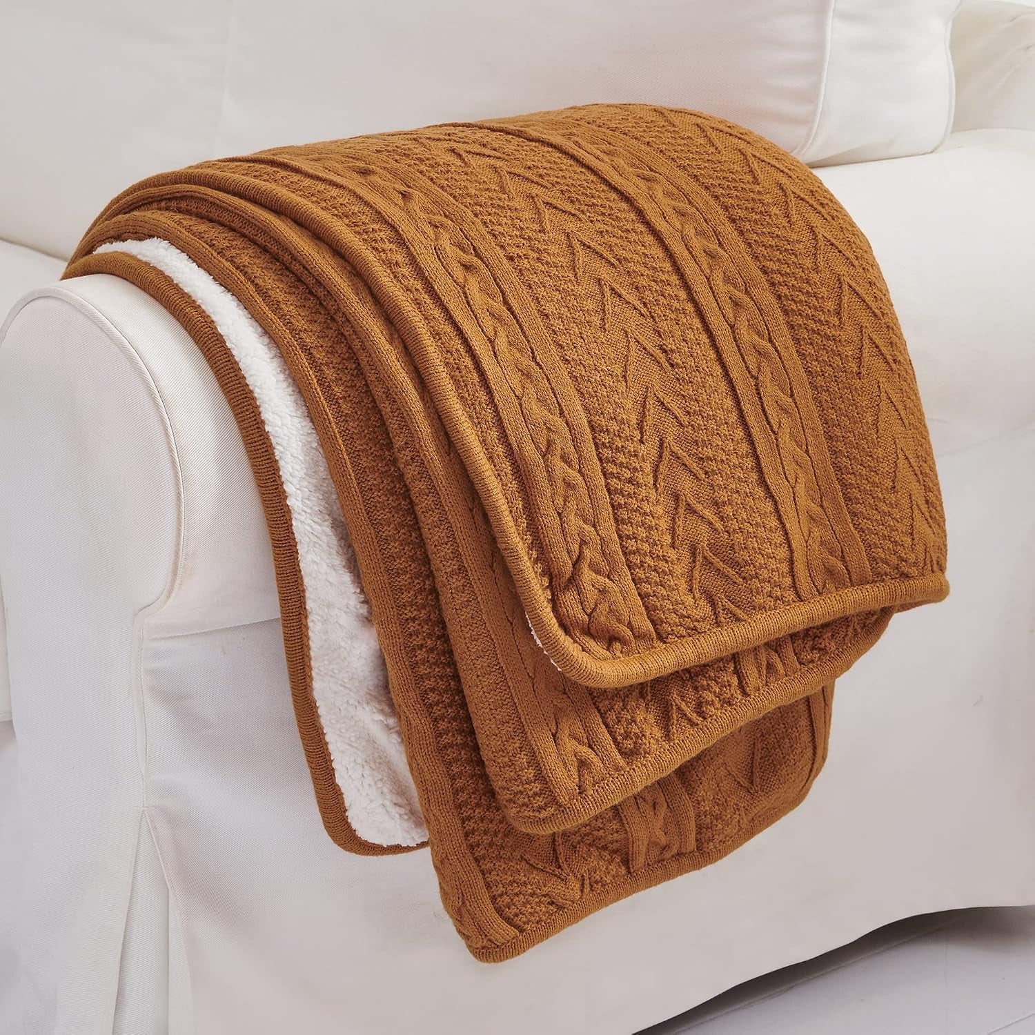Acrylic Cable Knit Sherpa Throw Blanket - Thick, Soft, Big, Cozy Burnt Orange Knitted Fleece Blankets for Couch, Sofa, Bed - Large 60 X 80 Inches Coverlet All Season