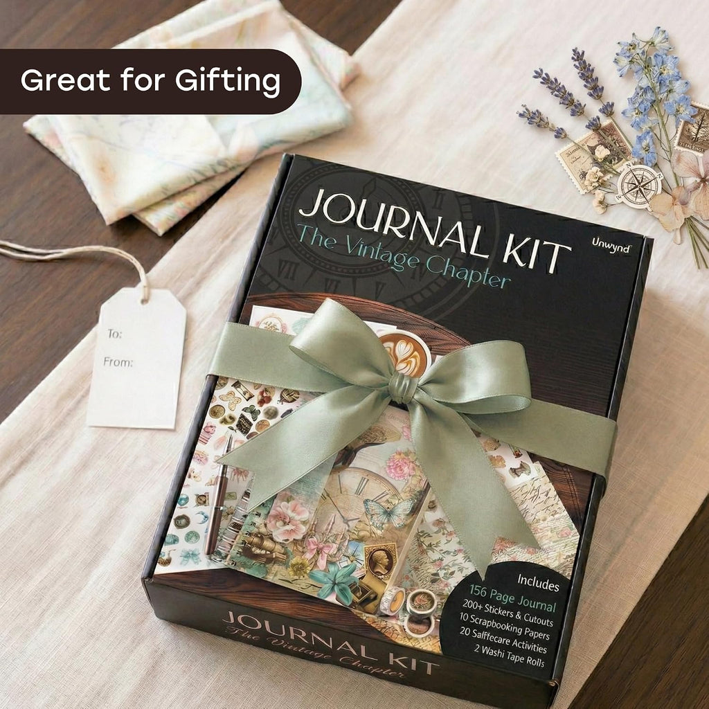 Vintage Chapter Journal Scrapbook Starter Kit for Women Adult Teen | Junk Scrapbook Supplies - Washi Tape, Stickers, Paper, Bullet Art, DIY Journaling Scrapbooks Set - Calligraphy & Sumi Brushes
