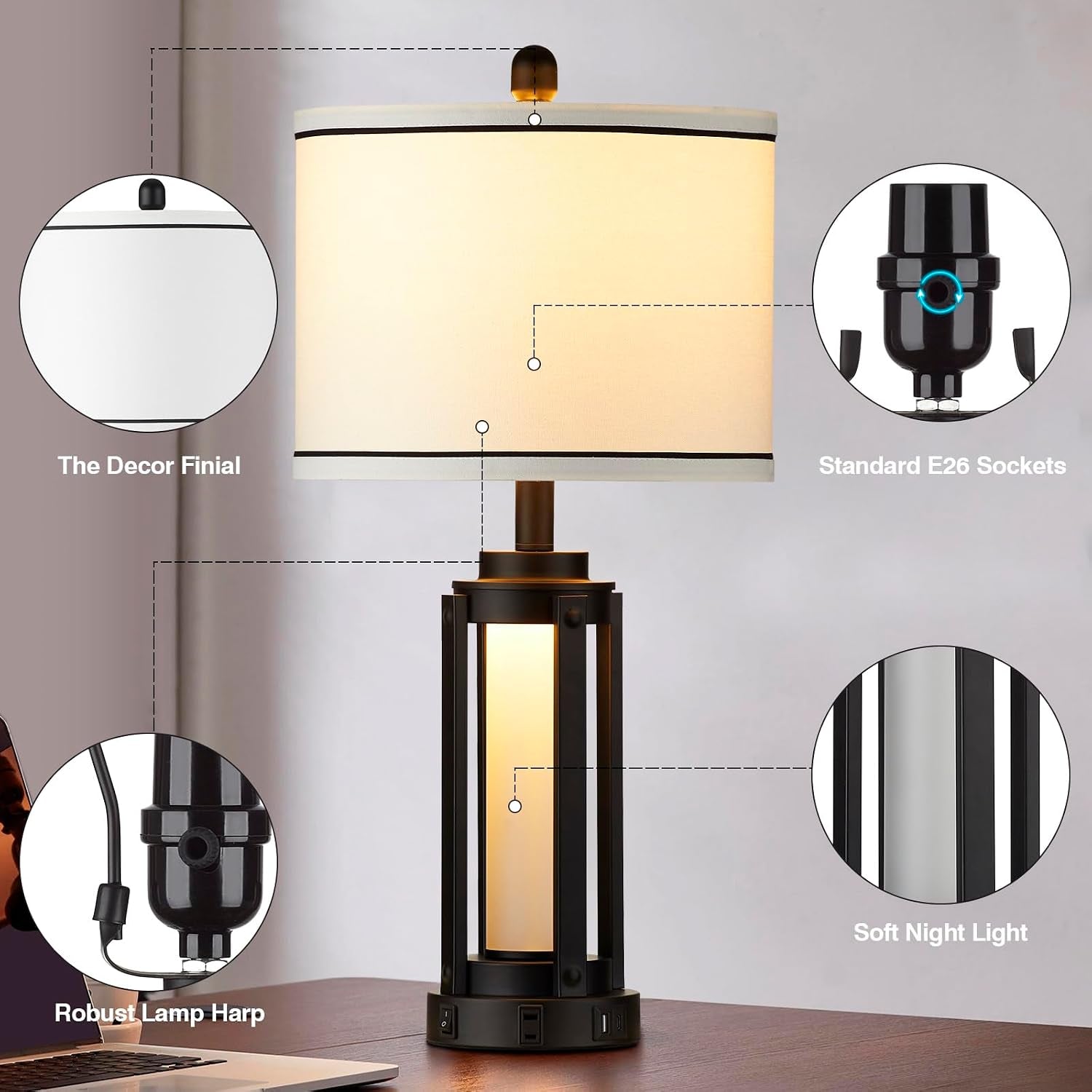 Industrial Table Lamps Set of 2, Modern beside Lamp with USB A+C Charging Ports & AC Outlet, Rustic Nightstand Lamp with LED Night Light for Living Room Bedroom End Table Entryway Black Bulbs Included