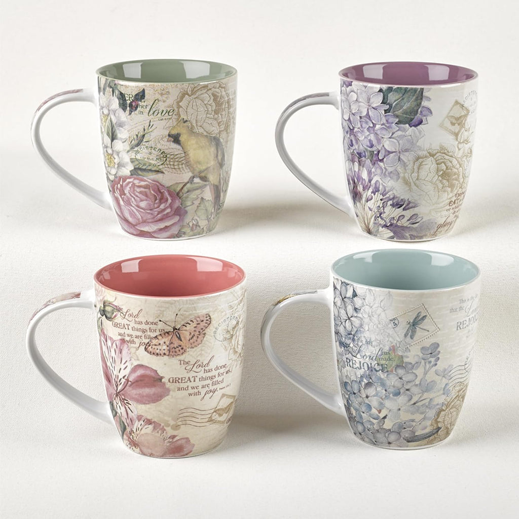Ceramic Coffee/Tea Mug Set for Women | Vintage Botanic Floral Inspirations Design Bible Verse Mug Set | Boxed Set/4 Coffee Cups