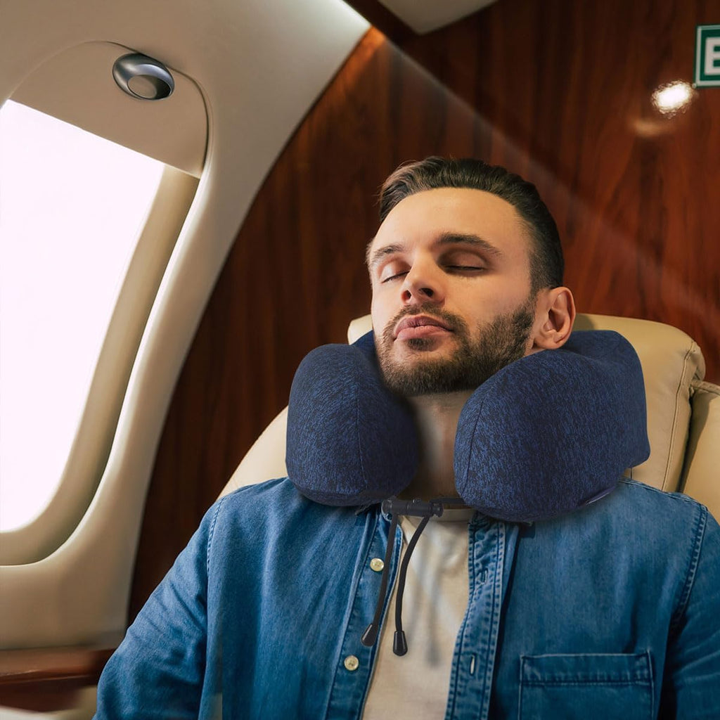 Neck Pillow for Traveling, Upgraded Travel Neck Pillow for Airplane 100% Pure Memory Foam Travel Pillow for Flight Headrest Sleep, Portable Plane Accessories, Blue