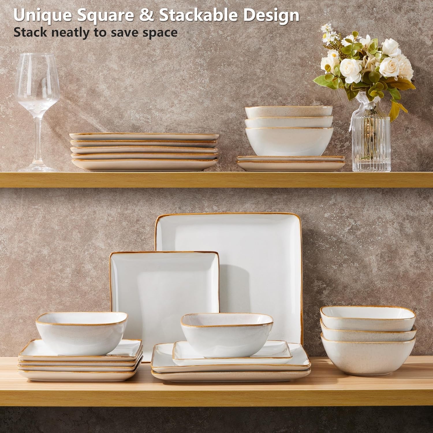 Square Plates and Bowls Sets, 12-Piece Stoneware Dinnerware Sets for 4, Reactive Glaze Dish Set, Chip and Scratch Resistant, Microwave and Dishwasher Safe, Seashell White