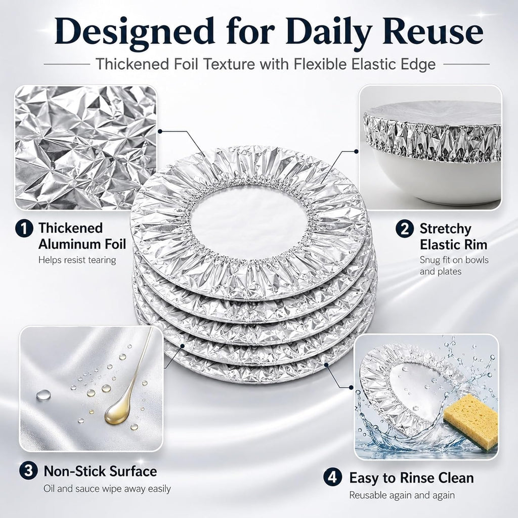 50 Pack Reusable Aluminum Foil Food Covers Stretchy Elastic Edge Bowl Plate Tray Lids Heat Retaining Food Grade Cover for Picnic Takeout Leftovers Meal Prep BBQ Sandwich Burrito Outdoor Dining(50Pcs)