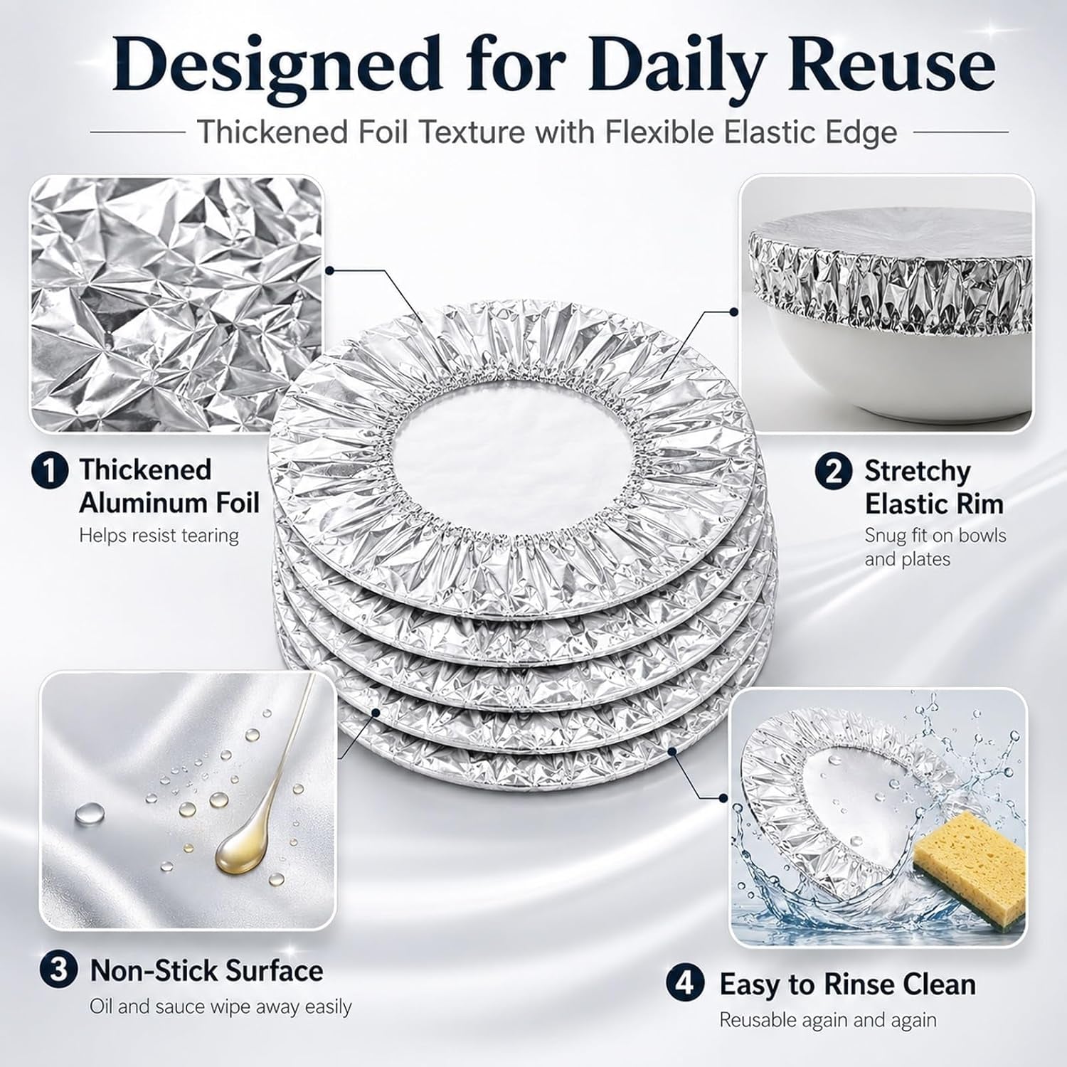 50 Pack Reusable Aluminum Foil Food Covers Stretchy Elastic Edge Bowl Plate Tray Lids Heat Retaining Food Grade Cover for Picnic Takeout Leftovers Meal Prep BBQ Sandwich Burrito Outdoor Dining(50Pcs)