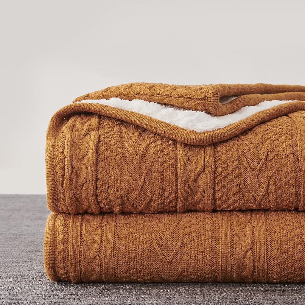 Acrylic Cable Knit Sherpa Throw Blanket - Thick, Soft, Big, Cozy Burnt Orange Knitted Fleece Blankets for Couch, Sofa, Bed - Large 60 X 80 Inches Coverlet All Season
