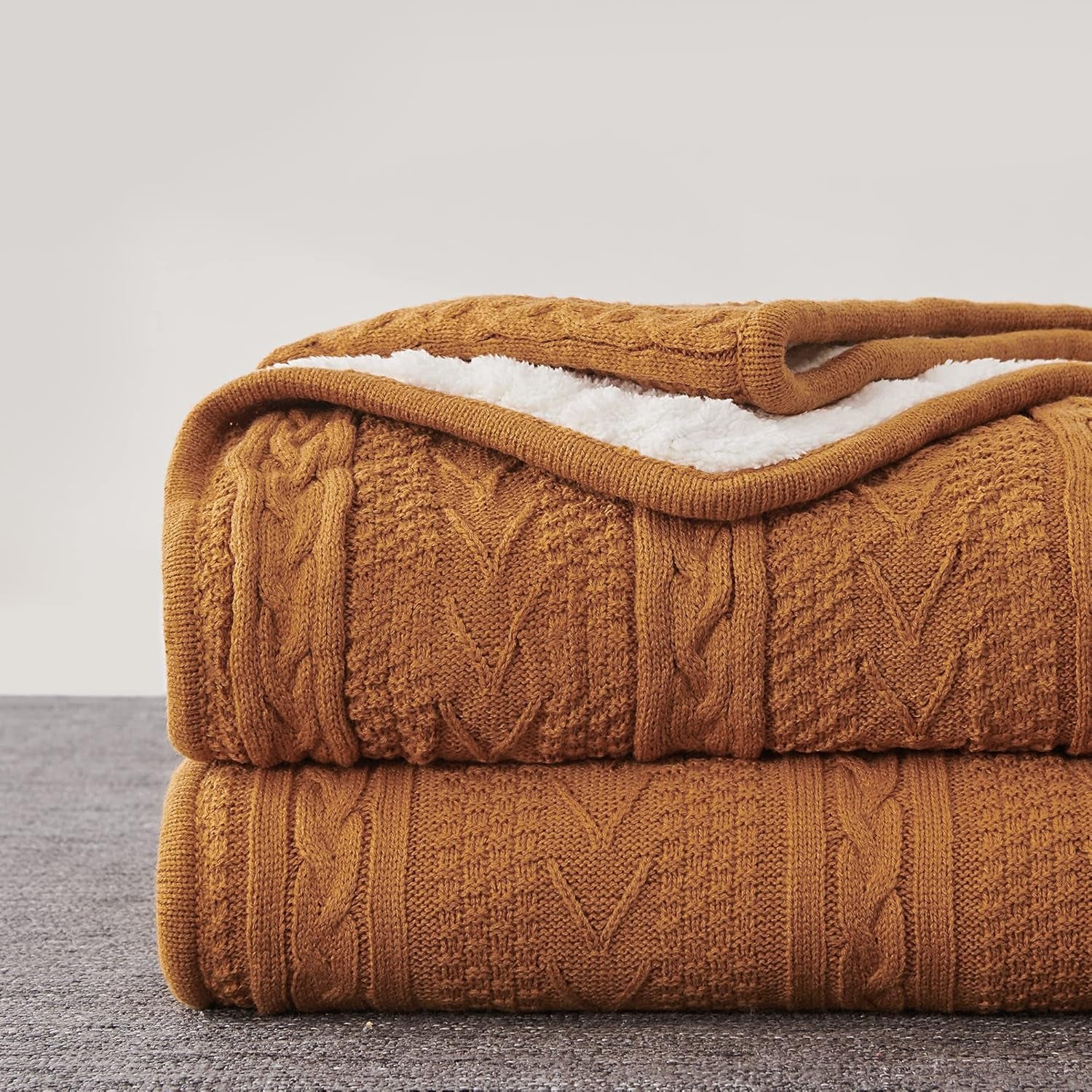 Acrylic Cable Knit Sherpa Throw Blanket - Thick, Soft, Big, Cozy Burnt Orange Knitted Fleece Blankets for Couch, Sofa, Bed - Large 60 X 80 Inches Coverlet All Season