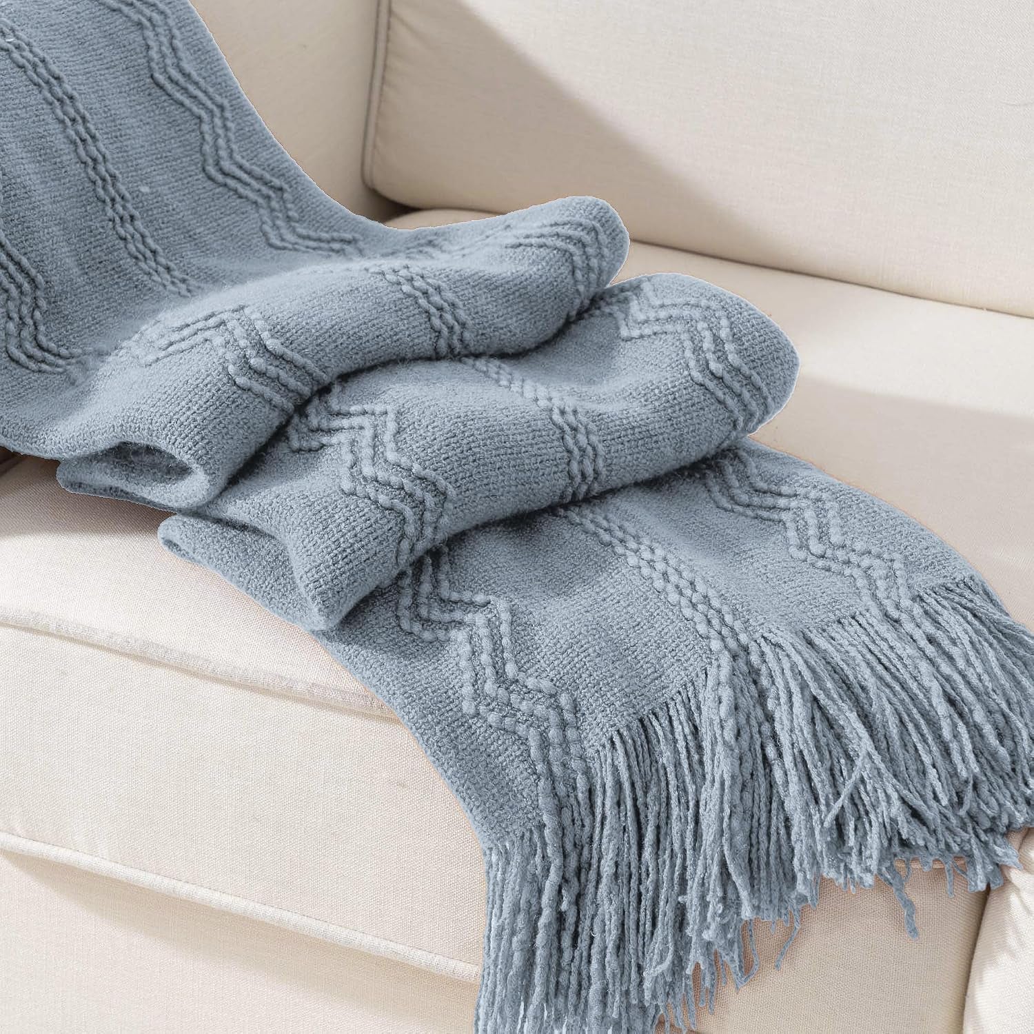 Dusty Blue Throw Blanket for Couch, Soft Knit Throws with Tassels for Home Decor, Blue Blankets and Throws for Bed Sofa, 50"X60"