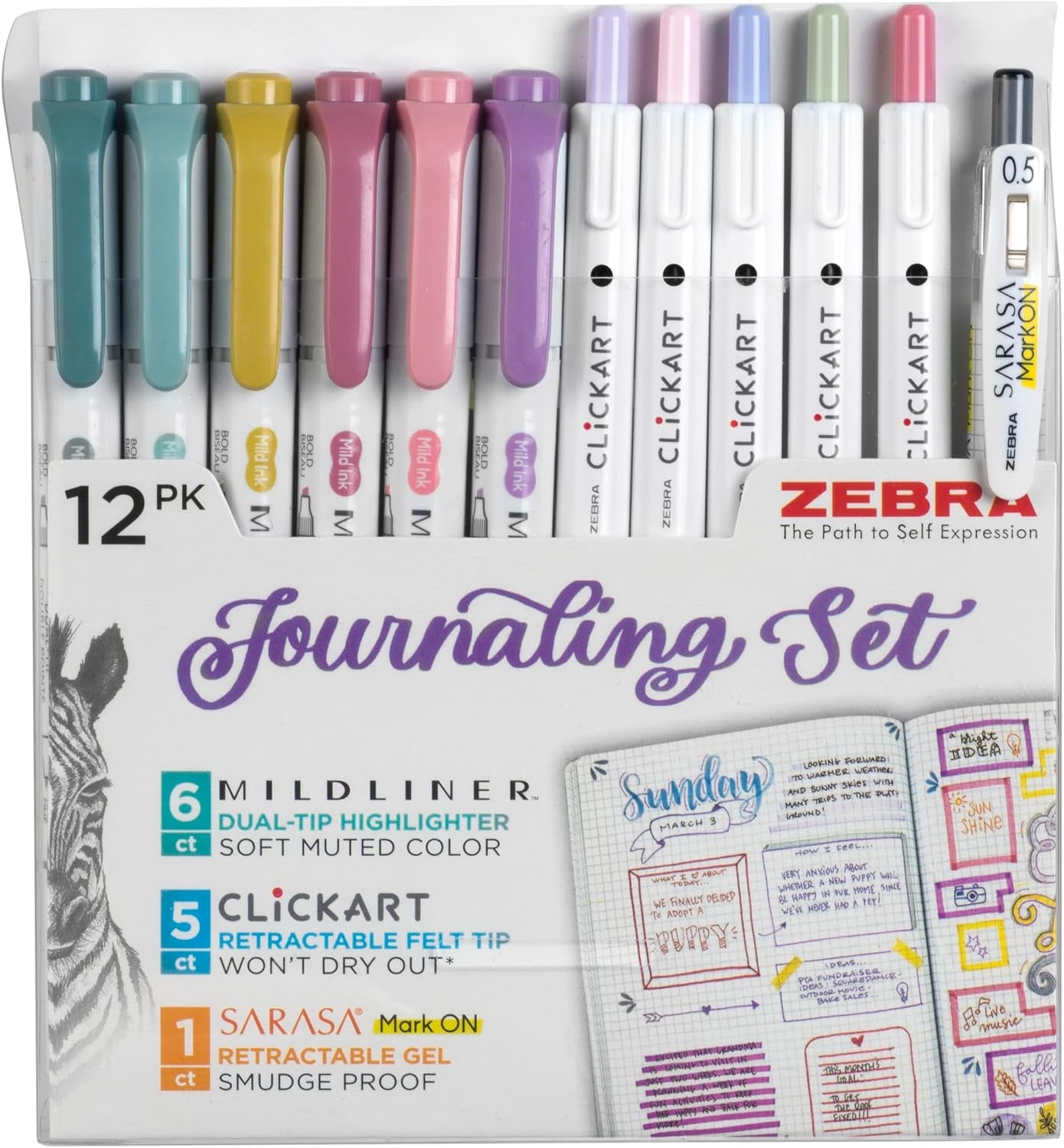 Journaling Set, MILDLINER, Clickart & SARASA, Assorted, 12-Pack | Includes 6 MILDLINER Highlighters, 5 Clickart Felt Tip Pens & 1 SARASA Markon Pen, Ideal for Bible Study & Note-Taking (14012