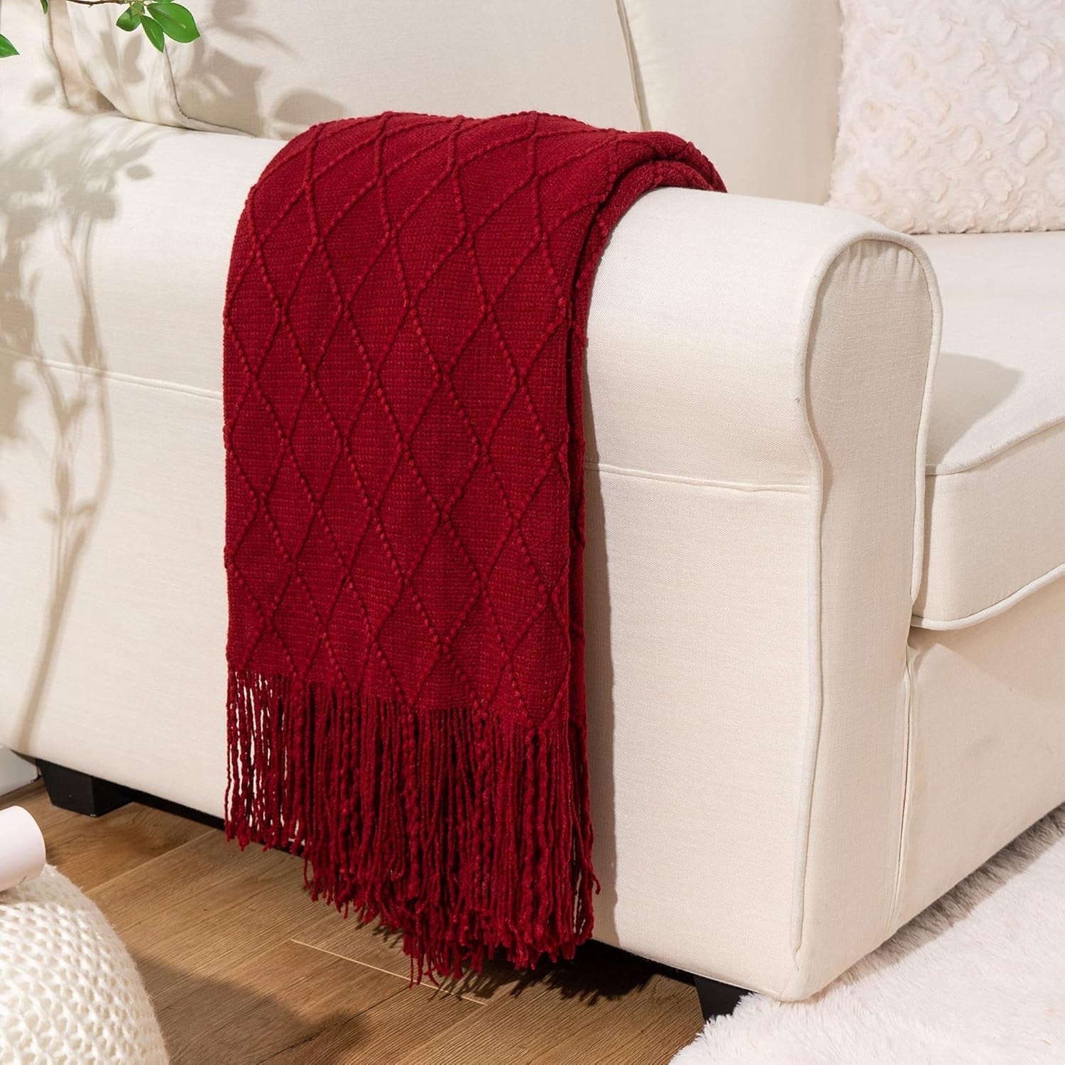 Christmas Decor Red Throw Blanket for Couch, Boho Bed Throws for Foot of Bed, Decorative Red Throws for Sofa Living Room, 50"X60"