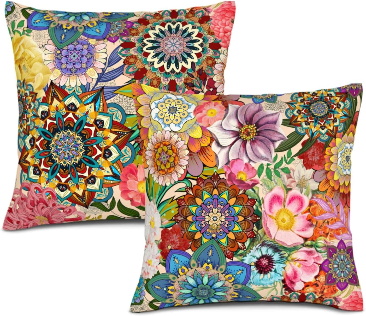 Boho Floral Throw Pillow Covers for Couch 18X18, Colorful Decorative Pillow Cases Aesthetic Set of 2,Outdoor Cushion Covers for Sofa Bed Chair Home Decor
