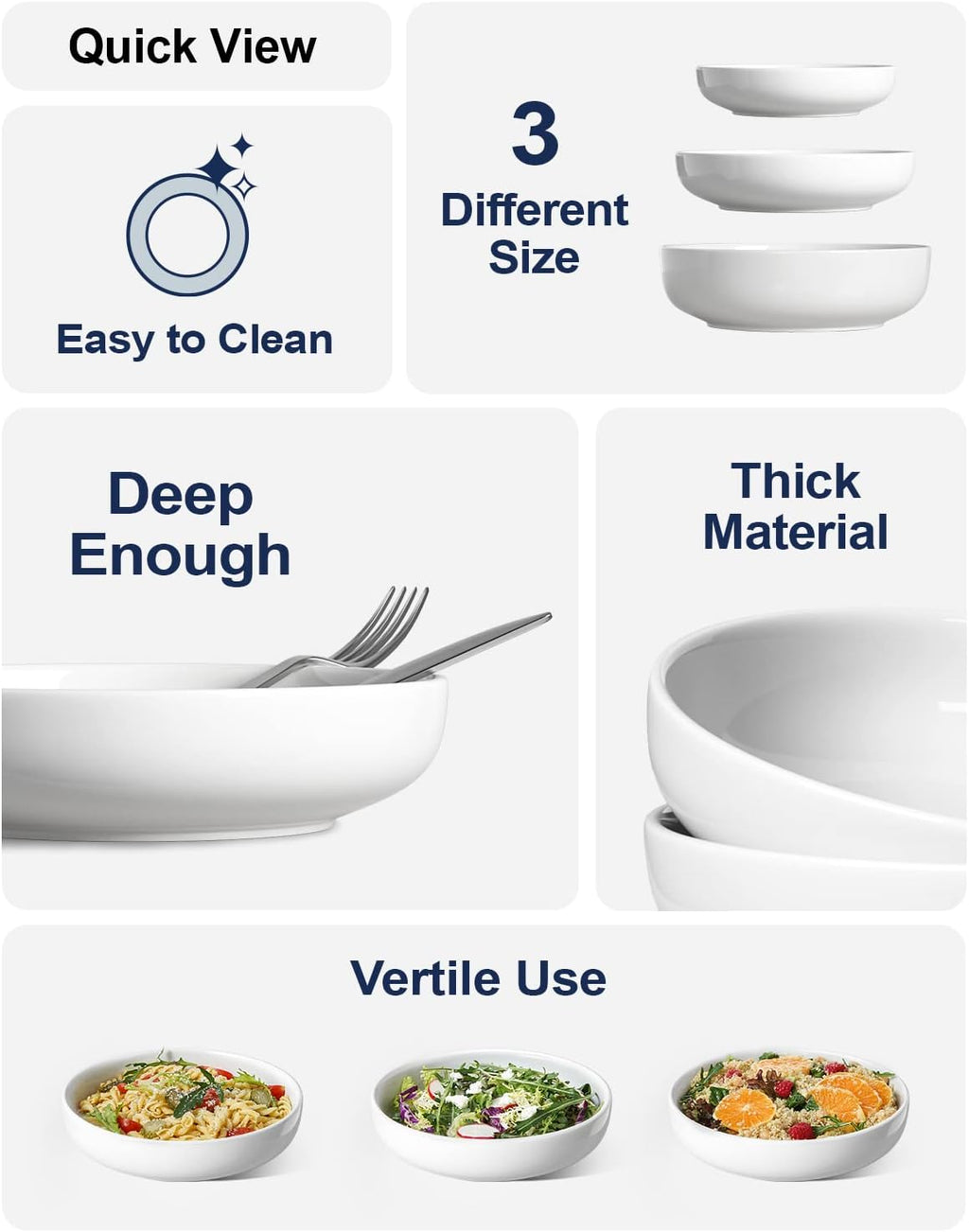 Pasta Bowls 32 Oz, Salad Bowls Set for Serving Soup, Pasta, Noodle, Dinner, Large Kitchen Bowl Plates, Microwave Safe - 7.8 Inch, Set of 4, White