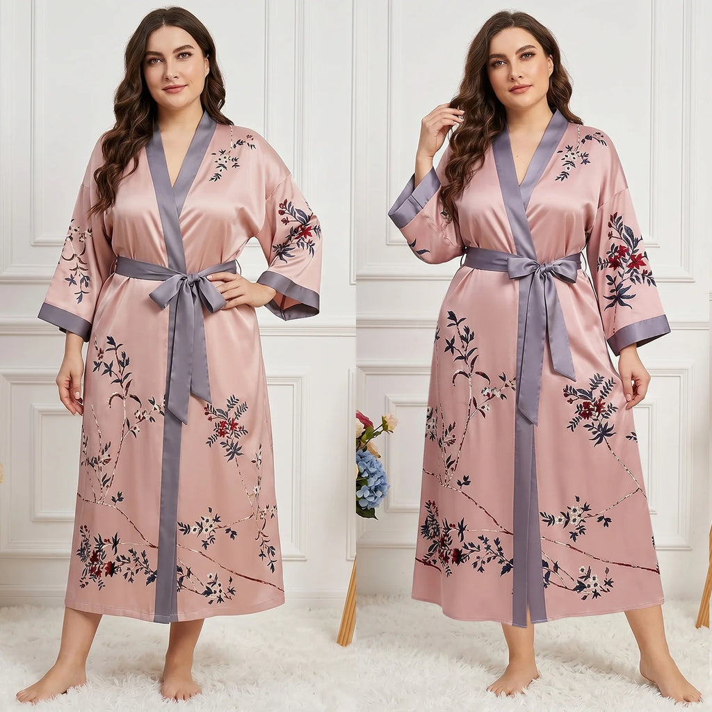 Long Silky Kimono Robes for Women Lightweight Silky Satin Floral Bathrobe Soft Cozy Ladies Housecoat Loungewear
