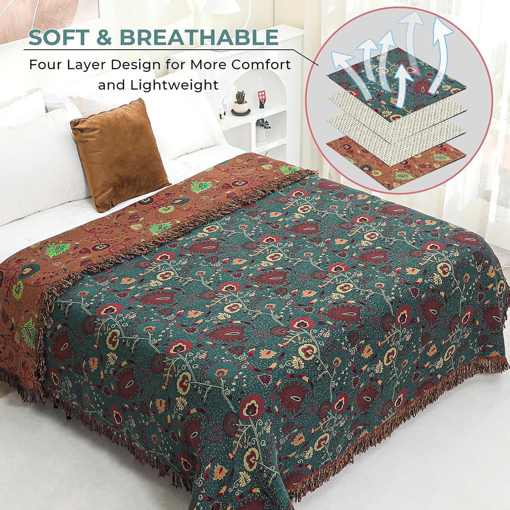 100% Cotton Green Floral Boho Throw Blanket for Bed 90"X98" | 4-Layer Gauze Breathable Muslin Blanket,Soft Lightweight All Season Quilt with Fringe,Multi-Purpose Blanket,Ideal Gift