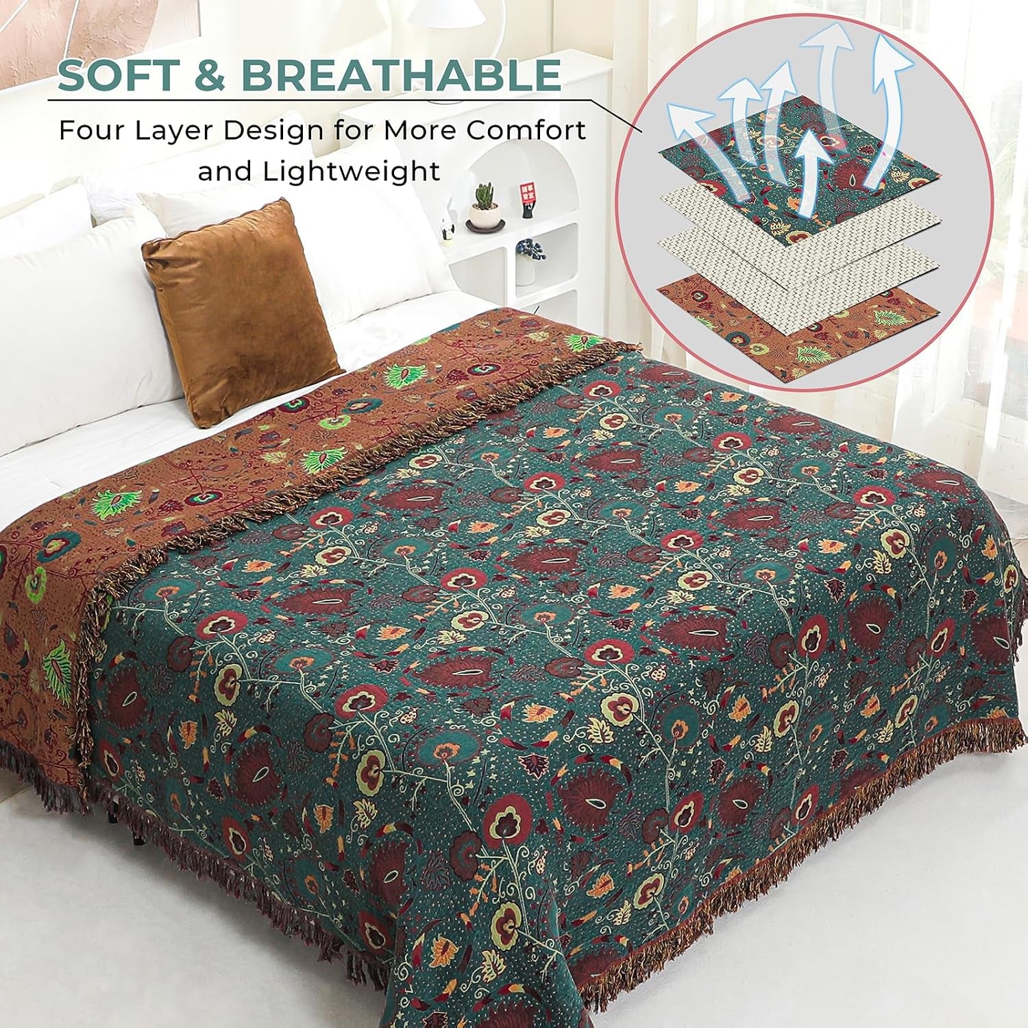 100% Cotton Green Floral Boho Throw Blanket for Bed 90"X98" | 4-Layer Gauze Breathable Muslin Blanket,Soft Lightweight All Season Quilt with Fringe,Multi-Purpose Blanket,Ideal Gift