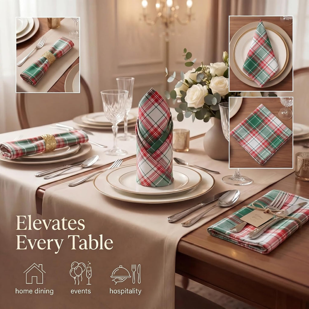 Cloth Napkins 100% Cotton Highly Absorbent Washable Reusable Premium Dinner Napkins Ideal for Gifts for Mothers Day Hotel Farmhouse Parties - Chirstmas Checks (20" X 20", Set of 12)