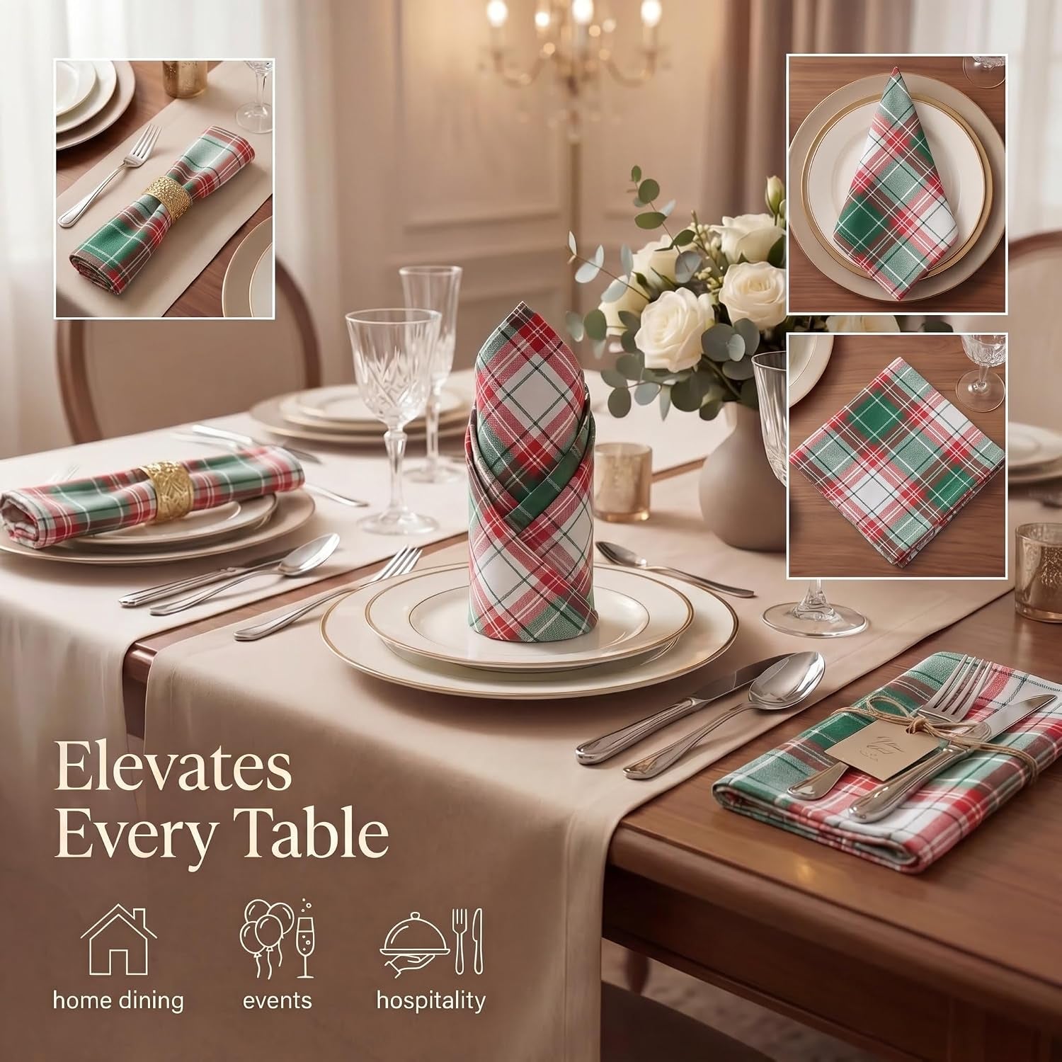 Cloth Napkins 100% Cotton Highly Absorbent Washable Reusable Premium Dinner Napkins Ideal for Gifts for Mothers Day Hotel Farmhouse Parties - Chirstmas Checks (20" X 20", Set of 12)