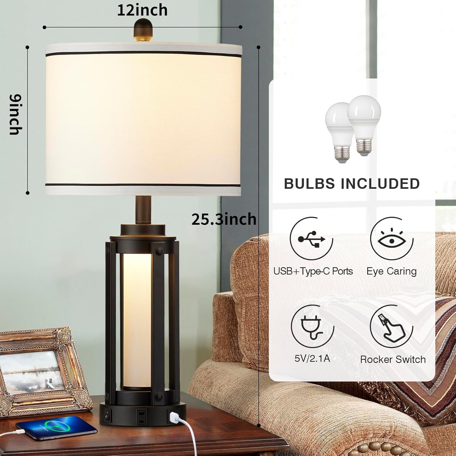Industrial Table Lamps Set of 2, Modern beside Lamp with USB A+C Charging Ports & AC Outlet, Rustic Nightstand Lamp with LED Night Light for Living Room Bedroom End Table Entryway Black Bulbs Included