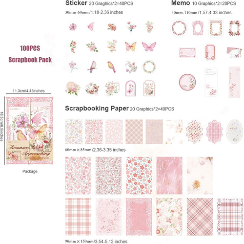100Pcs Vintage Floral Scrapbook Paper Journaling Stickers Assorted Set, Material Paper Memo Junk Journal Supplies for Bullet Journaling Retro Crafts Planner Collage Card Album
