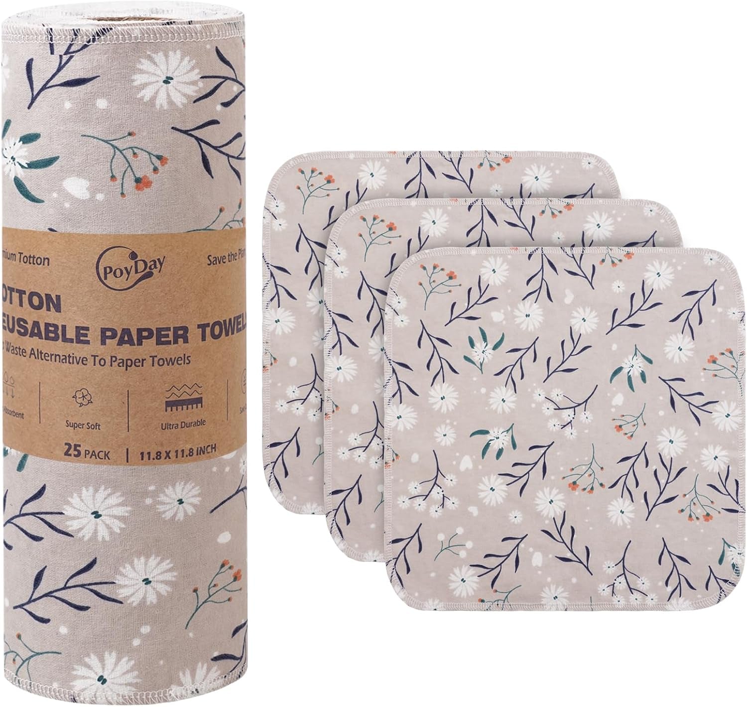 Paper Towels Washable Roll: 25Pack Cotton Cloth Paper Towels 11.8X11.8In Absorbent Soft Flannel Paperless Towels Alternative for Kitchen Reusable Napkins Zero Waste (Flower, Large)