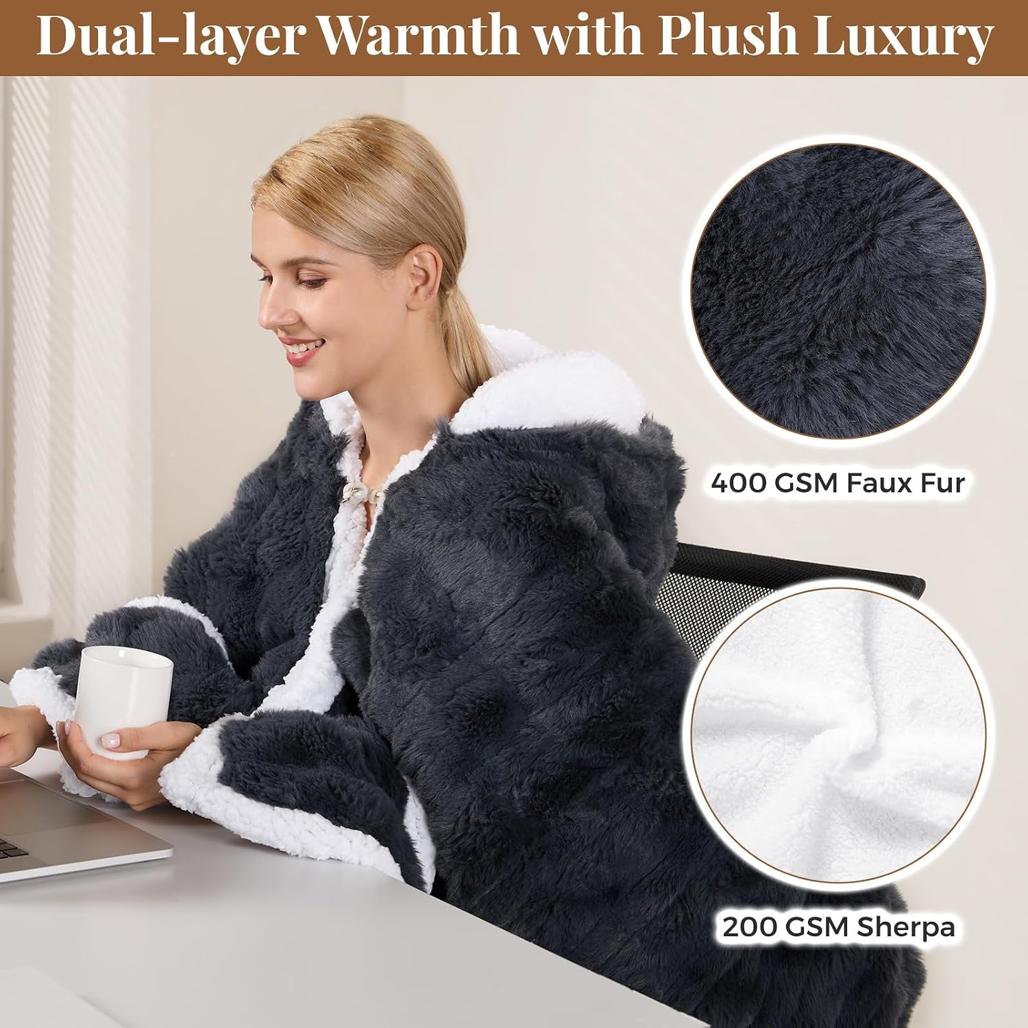 Wearable Heated Blanket Hoodie, Luxury Faux Fur & Sherpa Electric Throw Blanket, Heated Shawl Wraps Poncho with Pockets for Women Men, 3 Heat Levels & 12H Timer, ETL & FCC Certified, 40"X70",Dark Grey