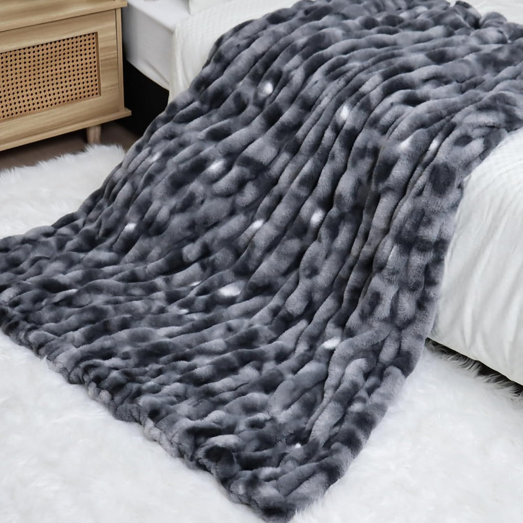 Double Sided Ruched Faux Rabbit Fur Throw Blanket for Couch, Ultra Soft Fluffy Mink Blanket, Plush Cozy Home Decor Throw Gifts for Women & Men, 50"X60", Tiedyedarkgrey