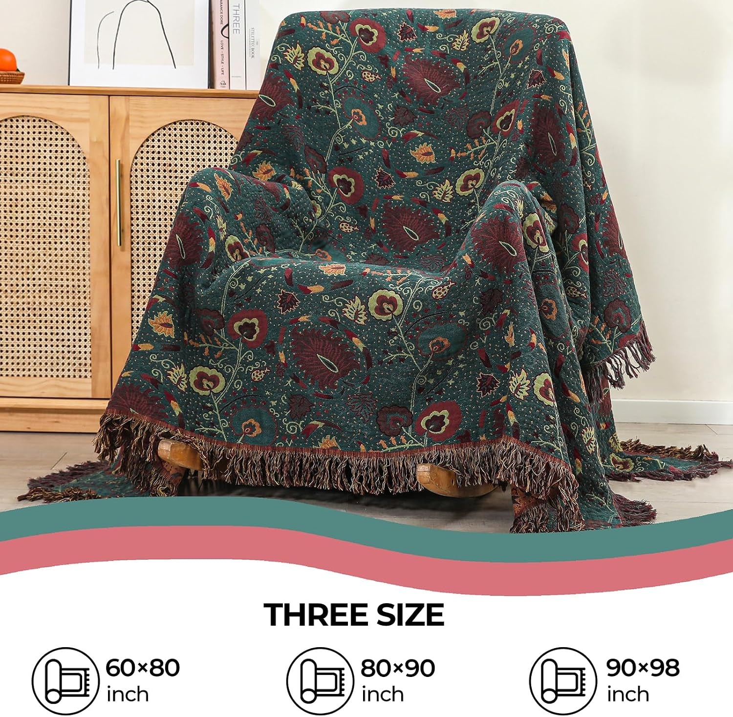 100% Cotton Green Floral Boho Throw Blanket for Bed 90"X98" | 4-Layer Gauze Breathable Muslin Blanket,Soft Lightweight All Season Quilt with Fringe,Multi-Purpose Blanket,Ideal Gift