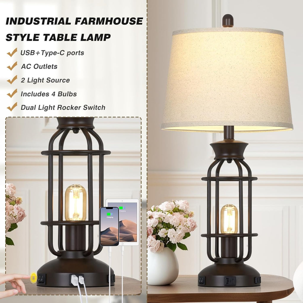 28" Tall Farmhouse Table Lamps Set of 2, Vintage Industrial Table Lamp with USB C+A Ports & Outlet, Modern Rustic Bedside Lamp for Nightstand Living Room Bedroom Side Table Office Brown, 4 LED Bulbs