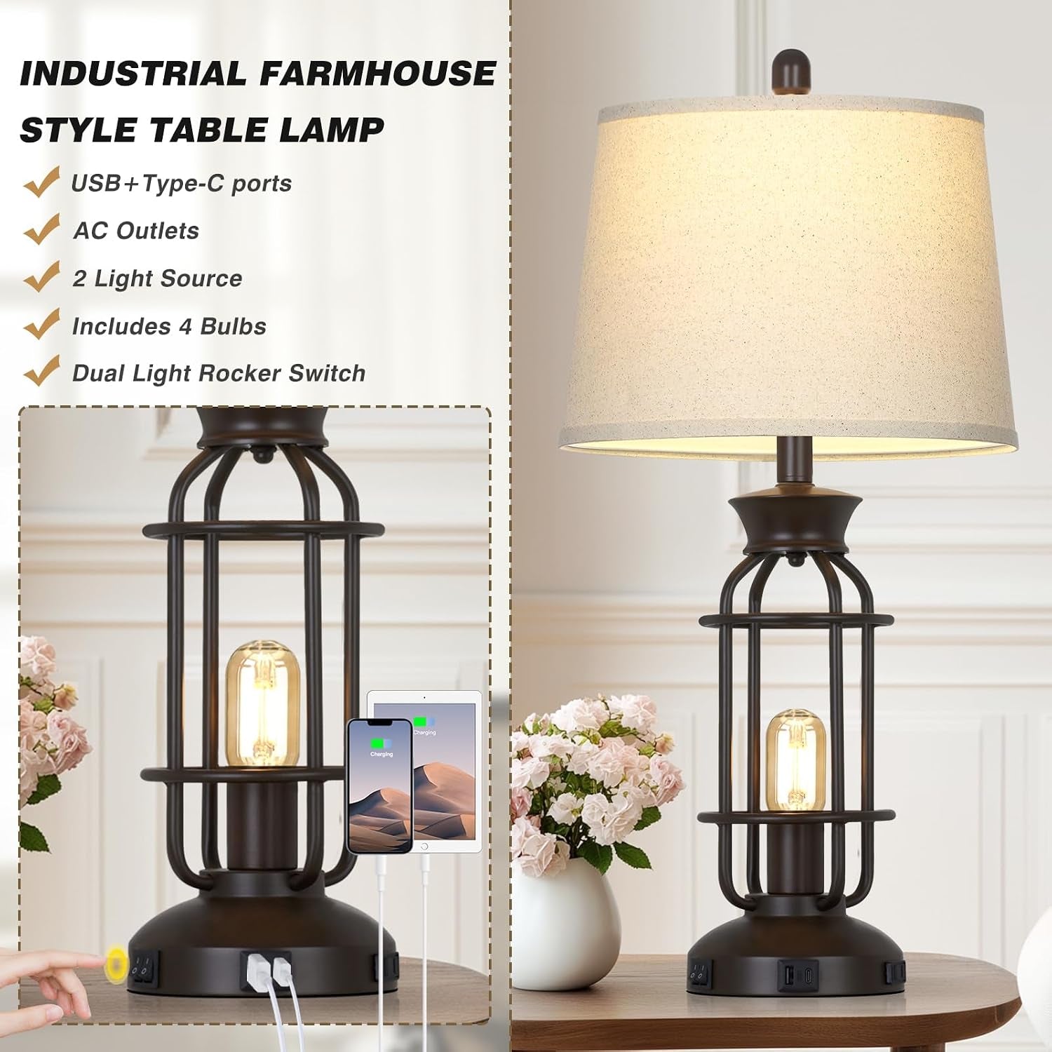 28" Tall Farmhouse Table Lamps Set of 2, Vintage Industrial Table Lamp with USB C+A Ports & Outlet, Modern Rustic Bedside Lamp for Nightstand Living Room Bedroom Side Table Office Brown, 4 LED Bulbs