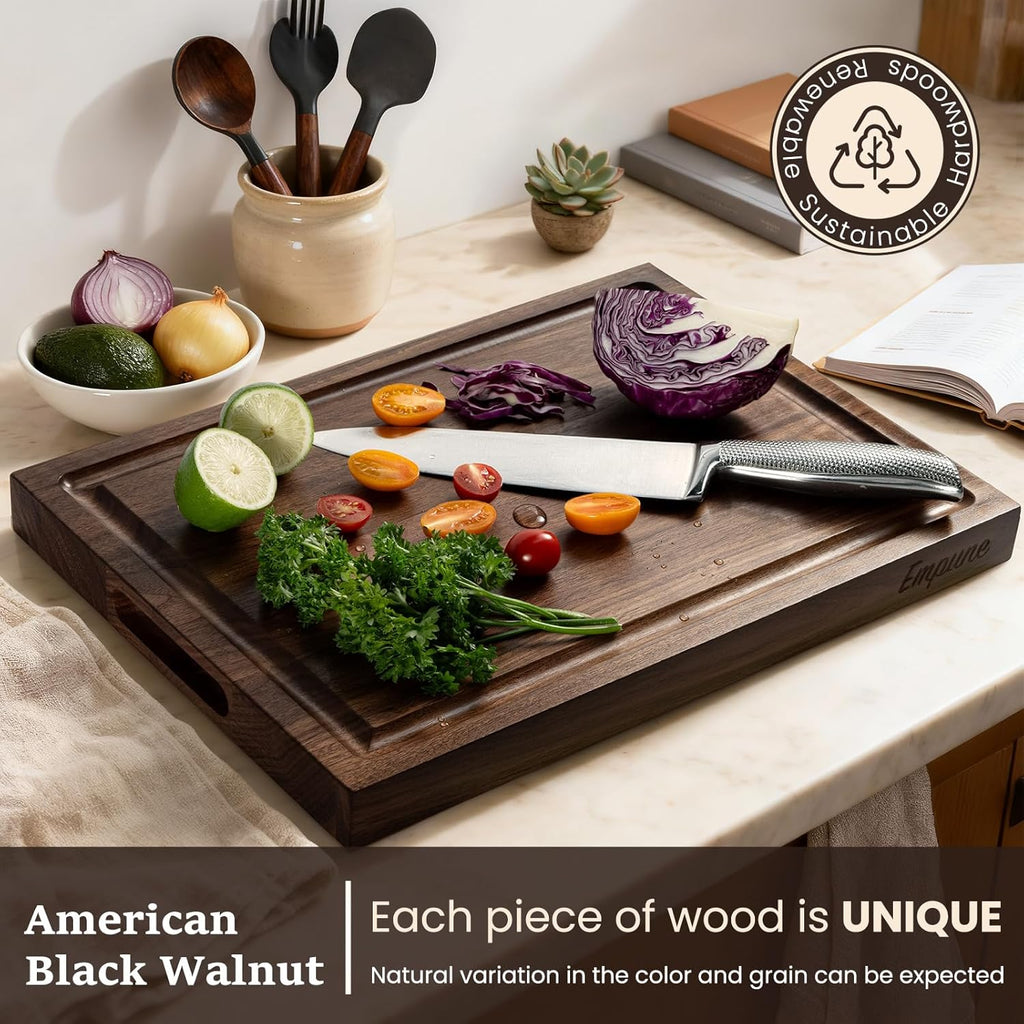 Black Walnut Wood Cutting Boards for Kitchen Wooden Cutting Board with Handle, Chopping Board with Built-In Juice Groove & Well, Heavy-Duty Charcuterie Board Butcher Block, 16.5X11.8X1.4 Inches